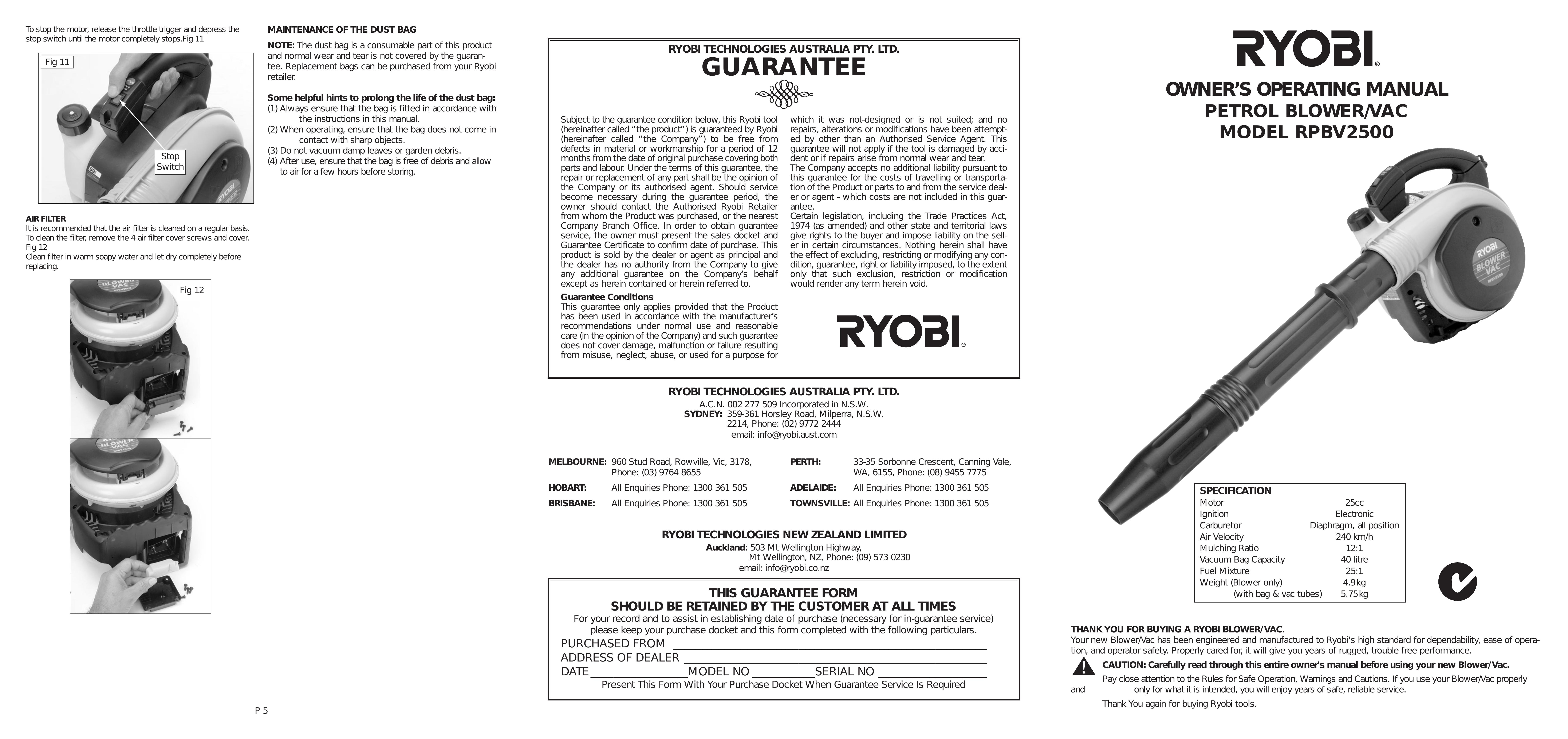 Ryobi Outdoor RPBV2500 Blower User Manual