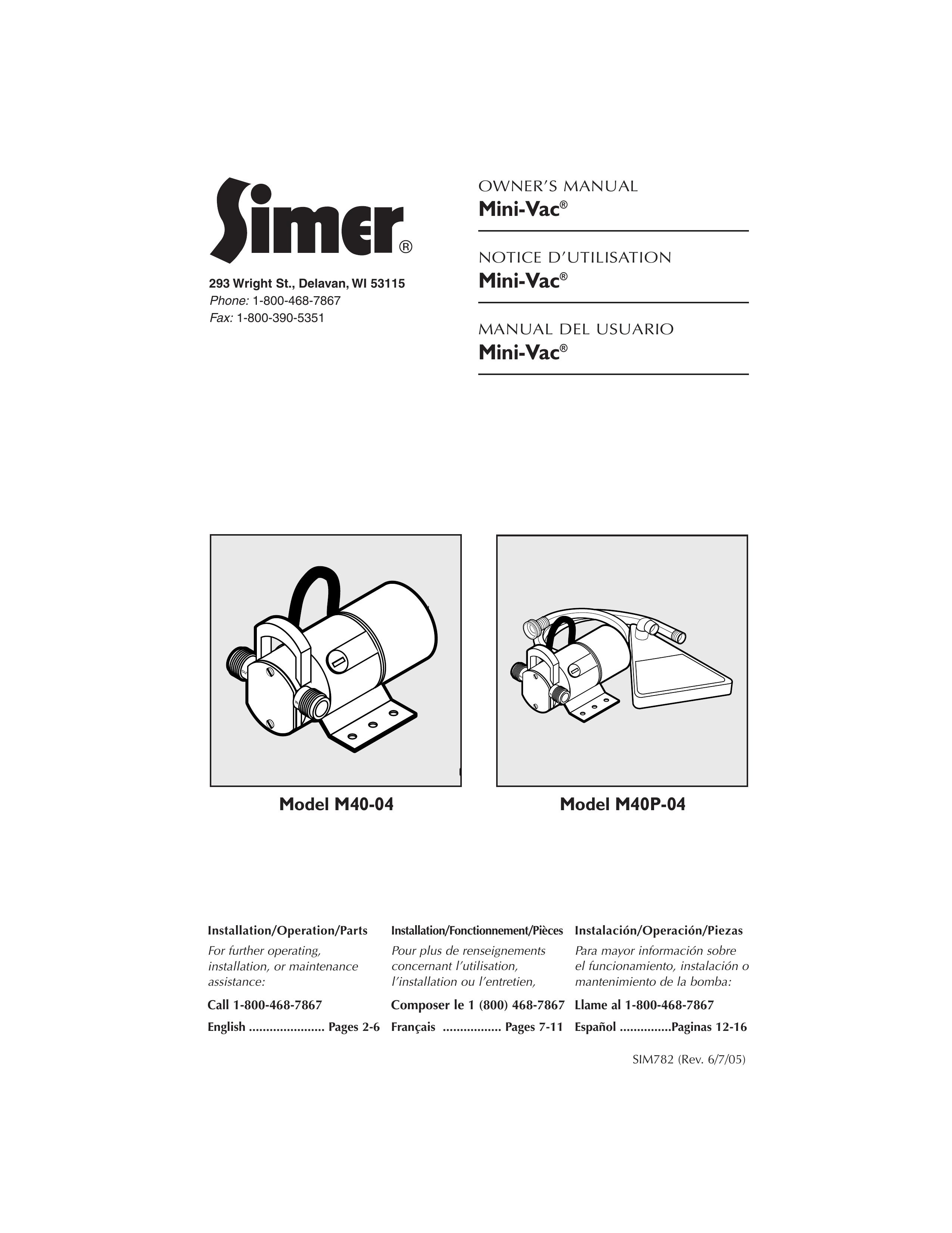 Simer Pumps M40-04 Blower User Manual