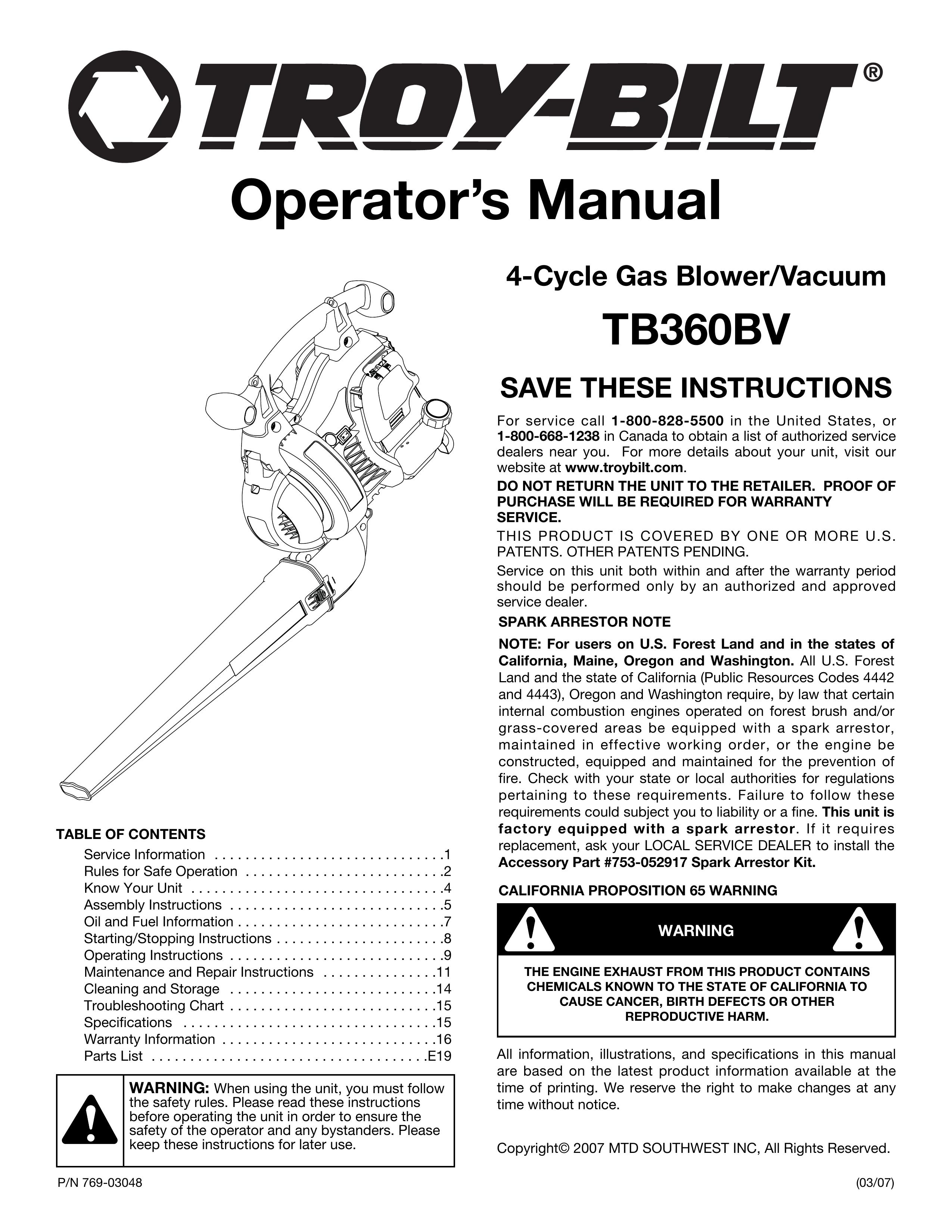 Troy-Bilt TB360BV Blower User Manual