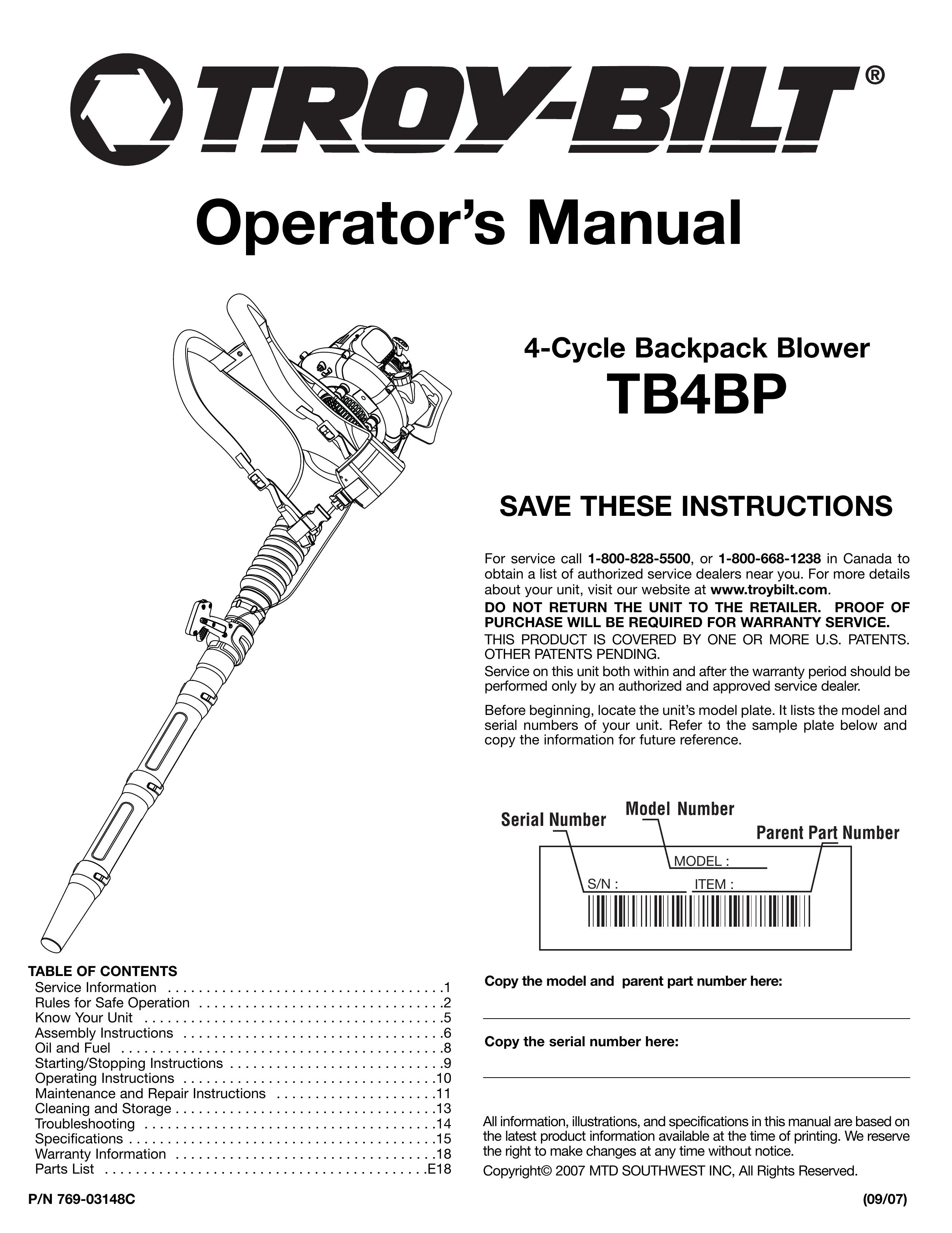 Troy-Bilt TB4BP Blower User Manual