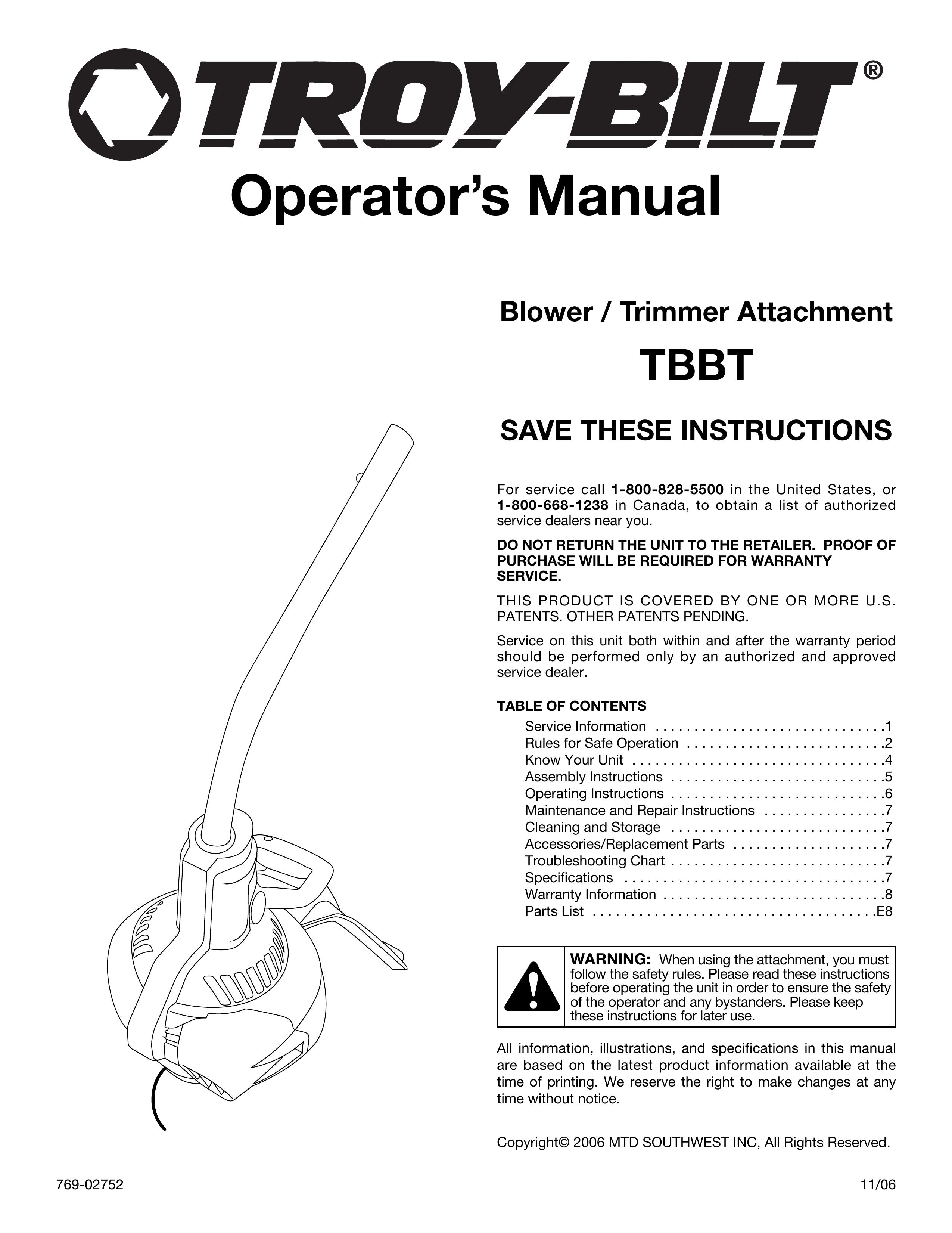 Troy-Bilt TBBT Blower User Manual