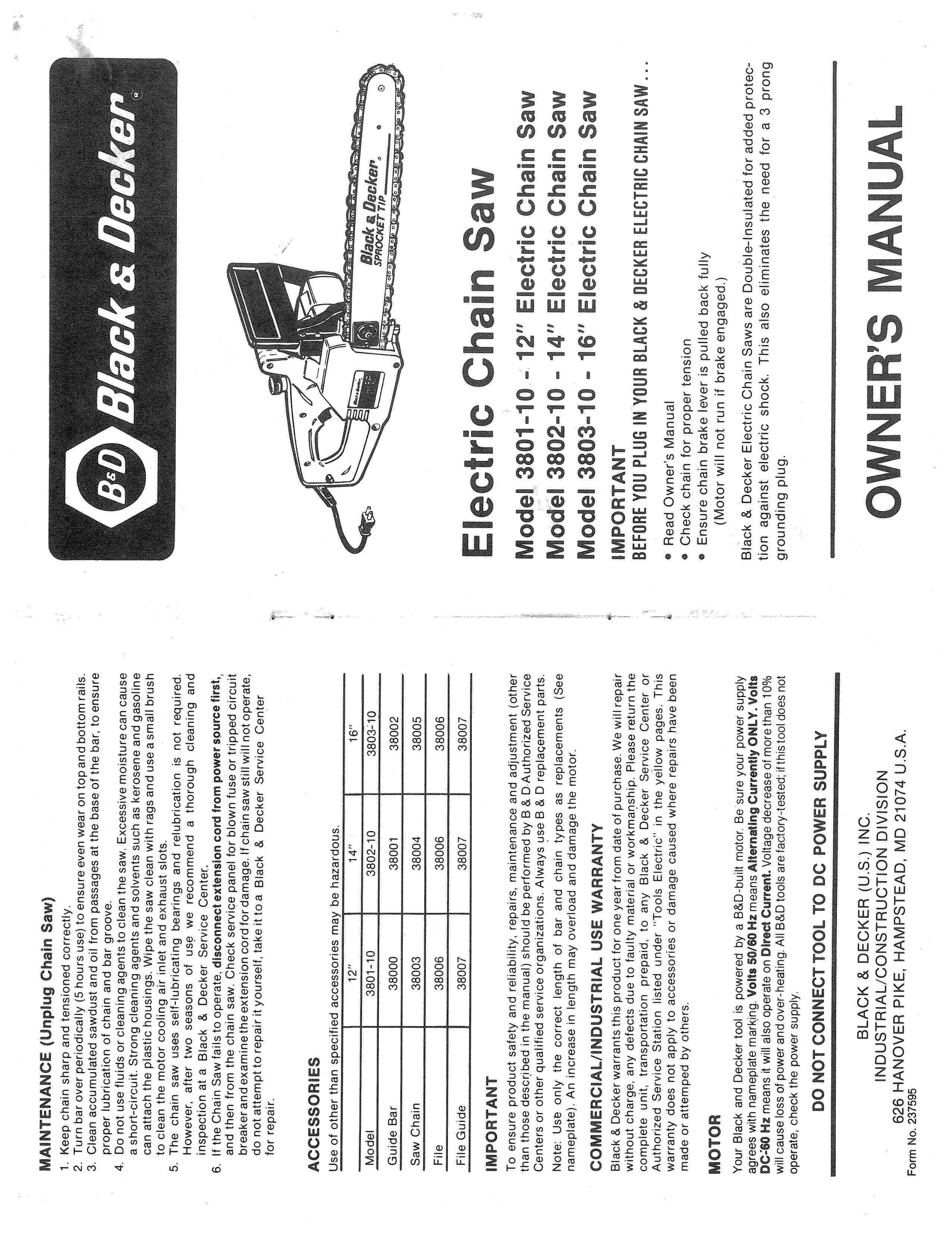 Black & Decker 3801-10 Chainsaw User Manual