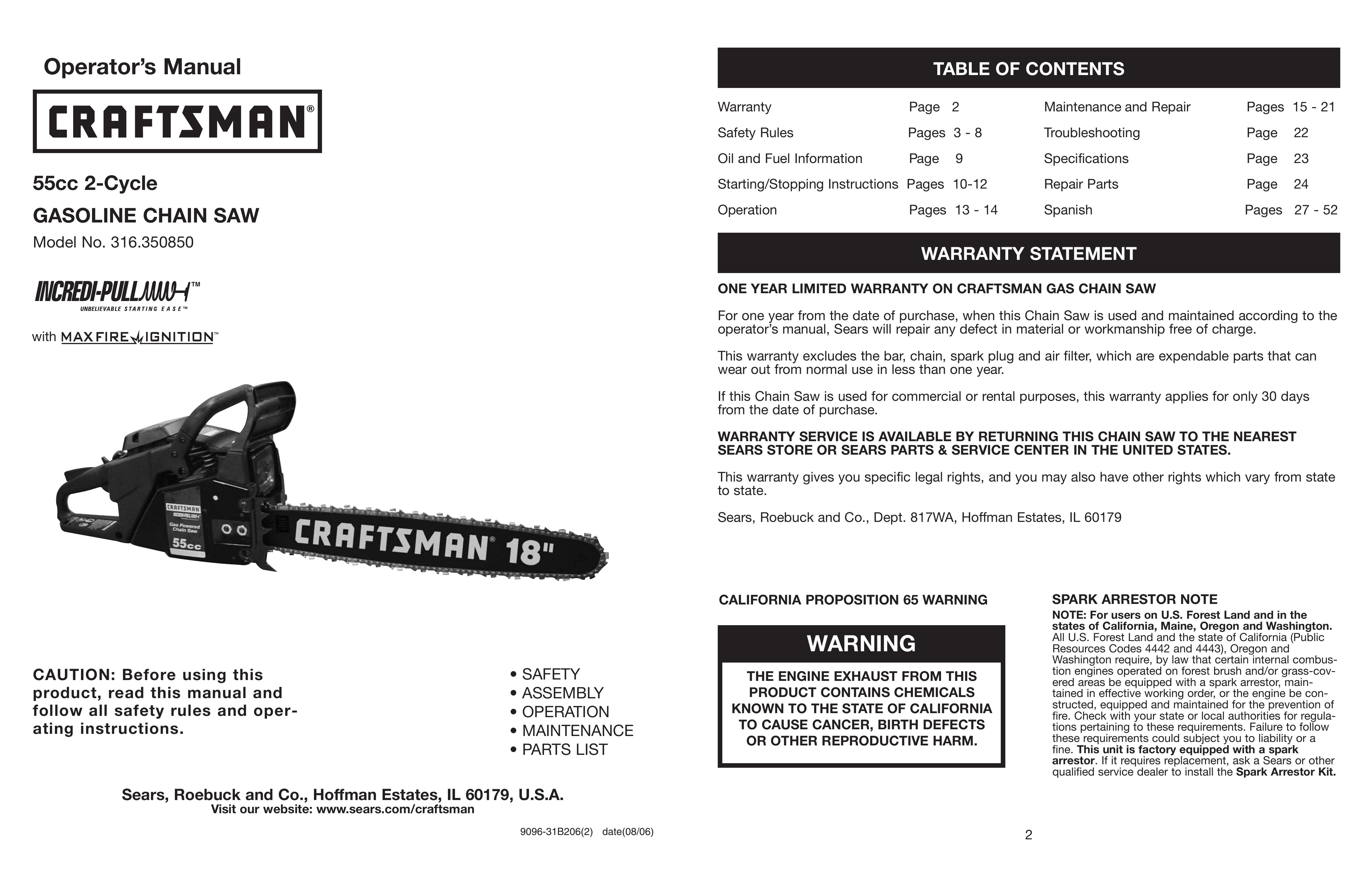 Craftsman 316.350850 Chainsaw User Manual