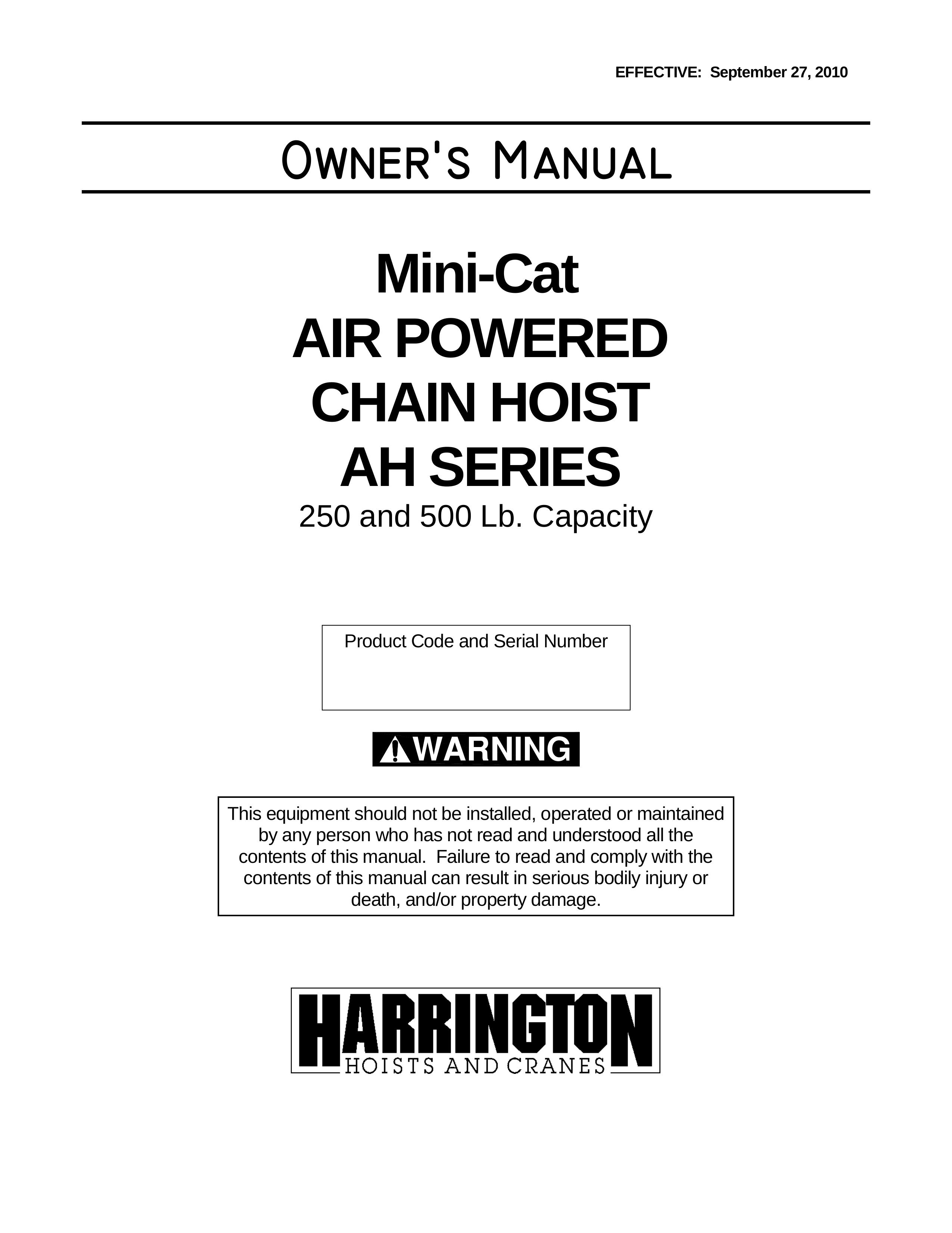 Harrington Hoists 10-2 AH250 / AH500 Main Body Chainsaw Sharpener User Manual