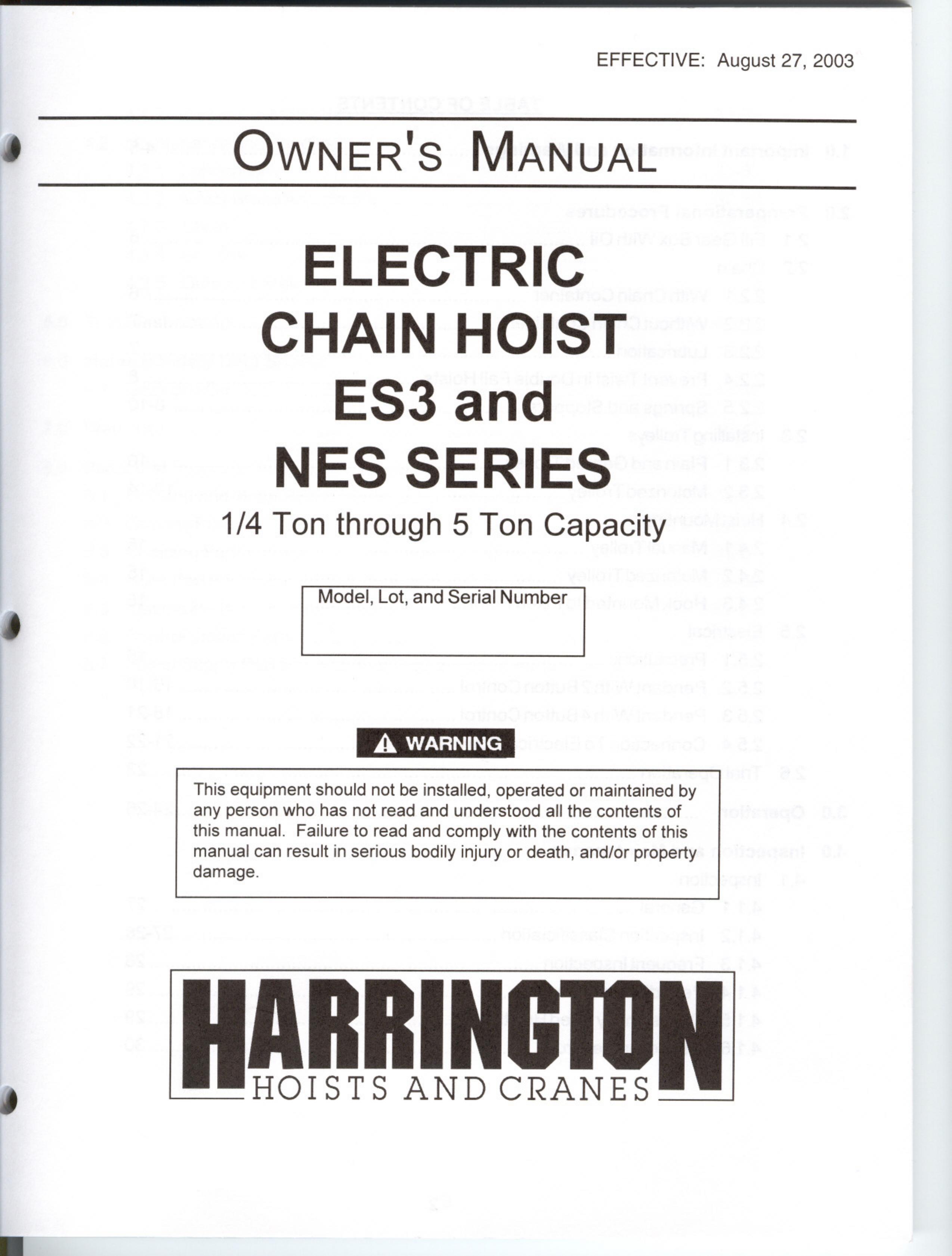 Harrington Hoists NES Chainsaw Sharpener User Manual