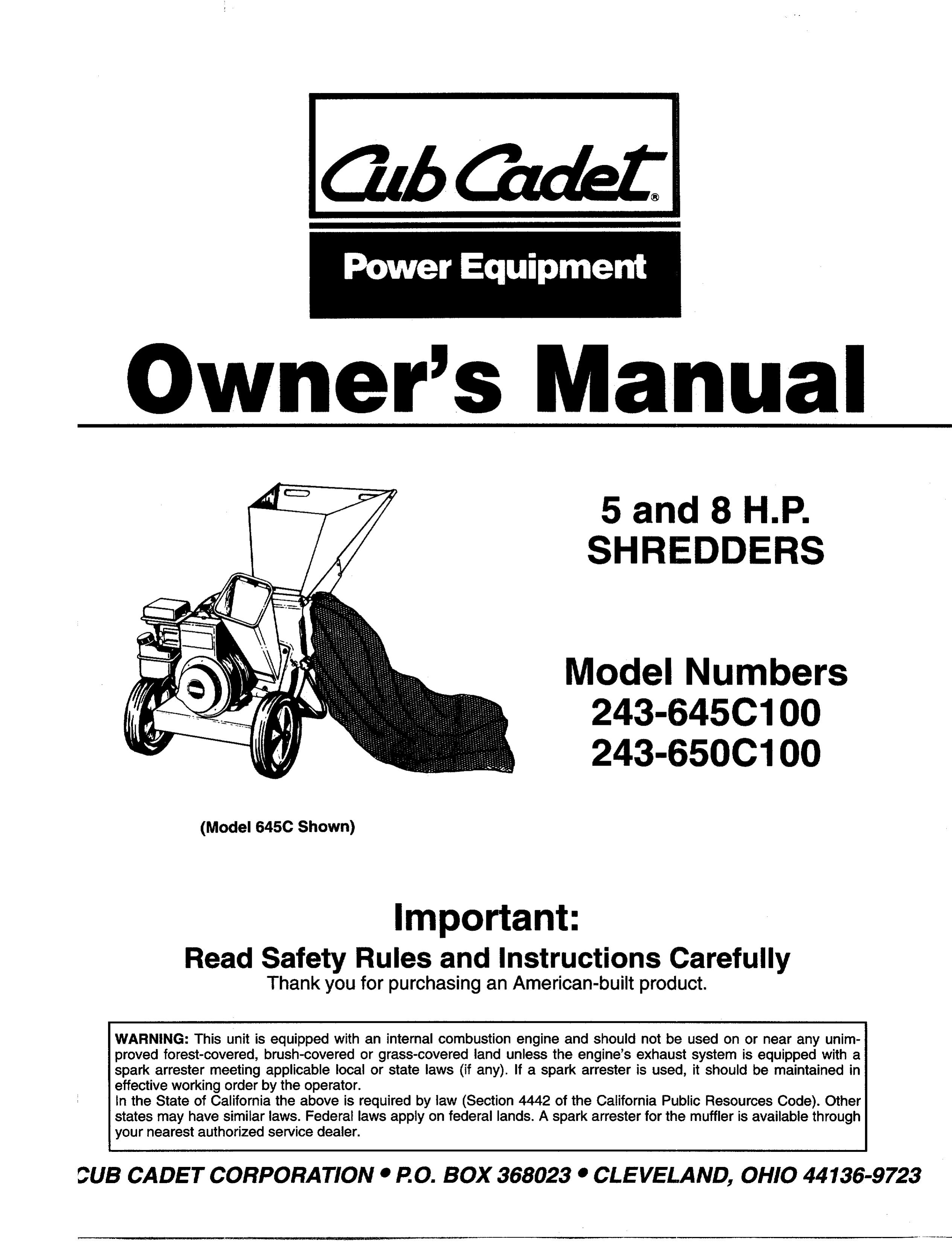 Cub Cadet 243-645C100 Chipper User Manual
