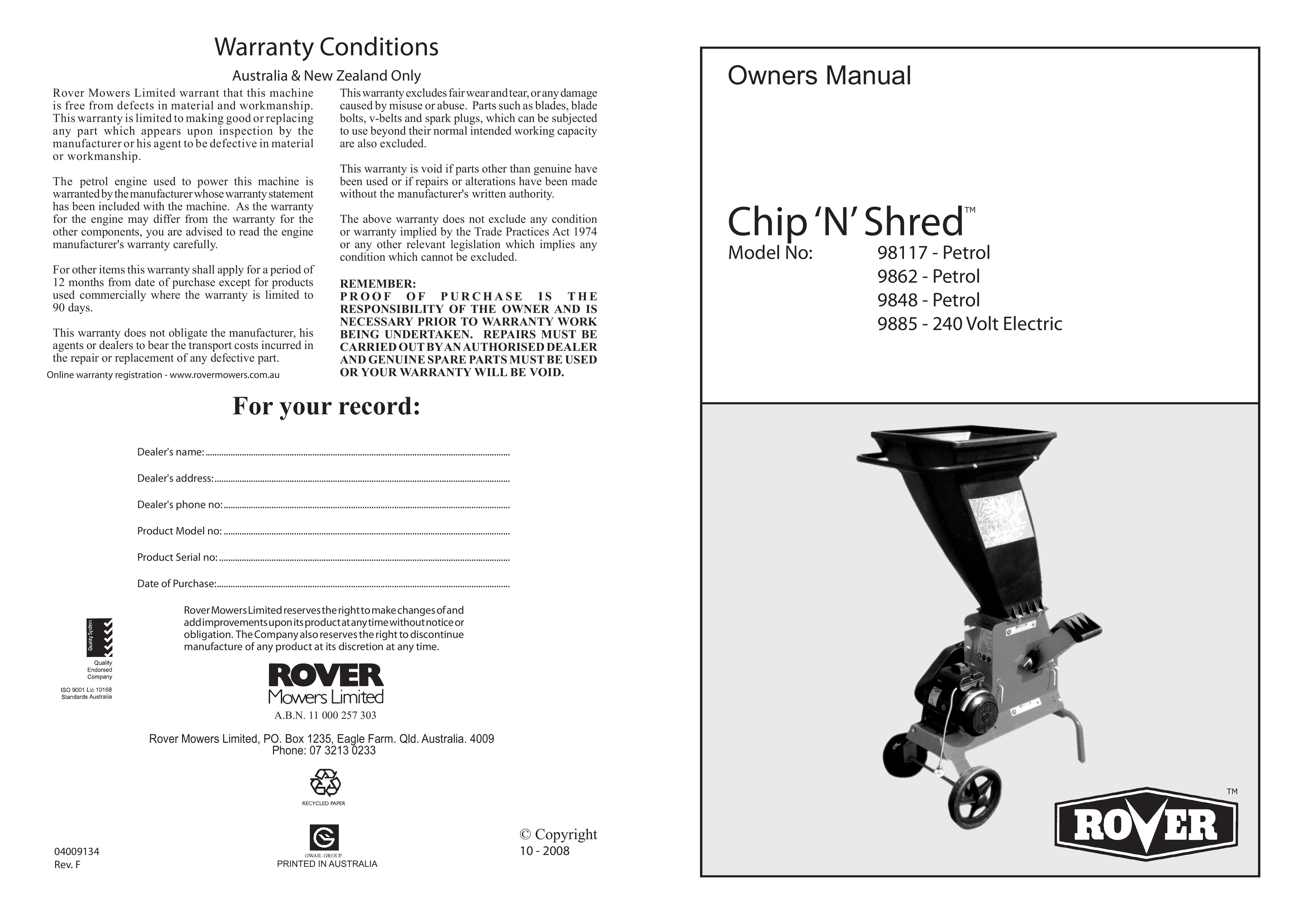 Rover 98117 Chipper User Manual