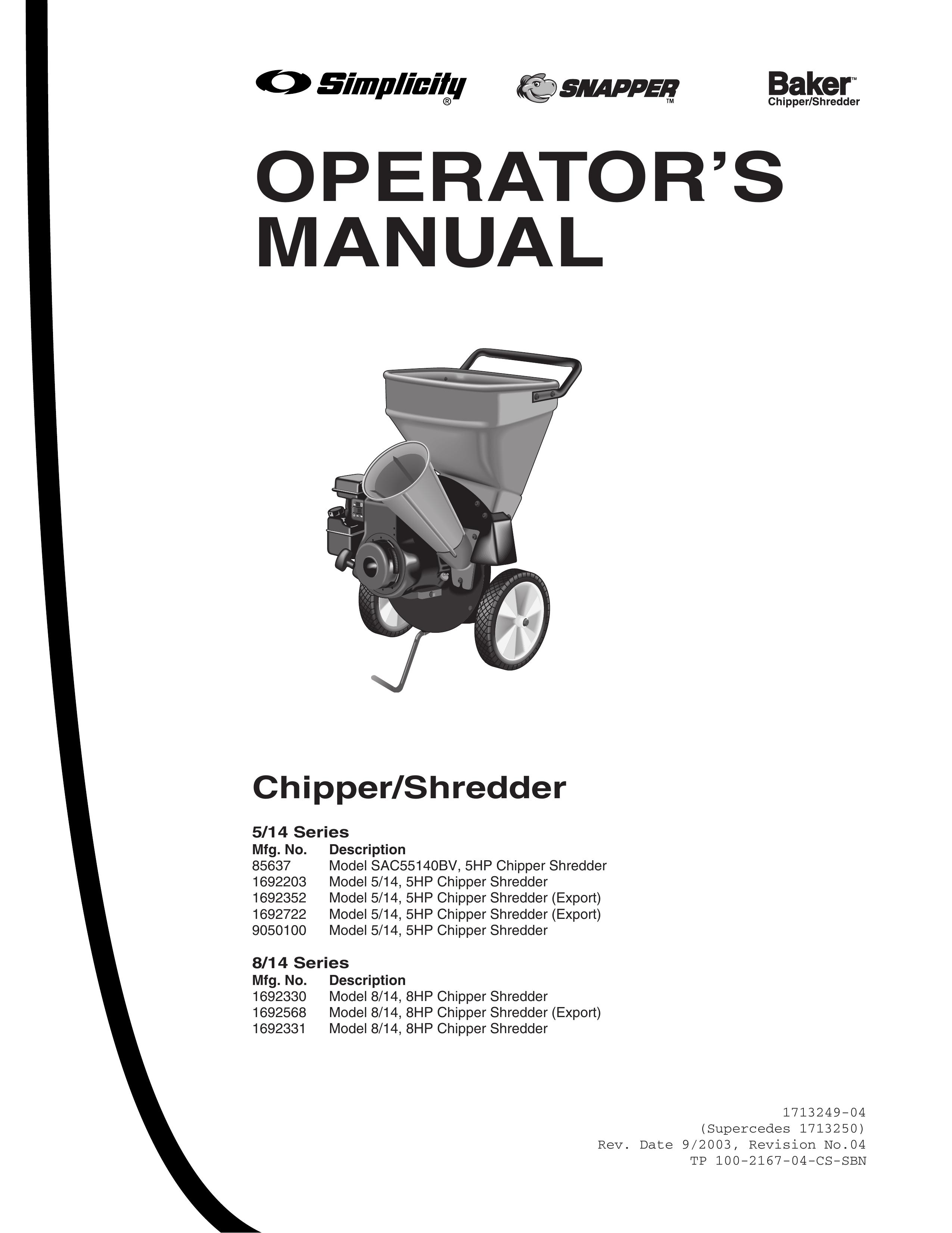 Snapper 5/14, 8/14 Chipper User Manual