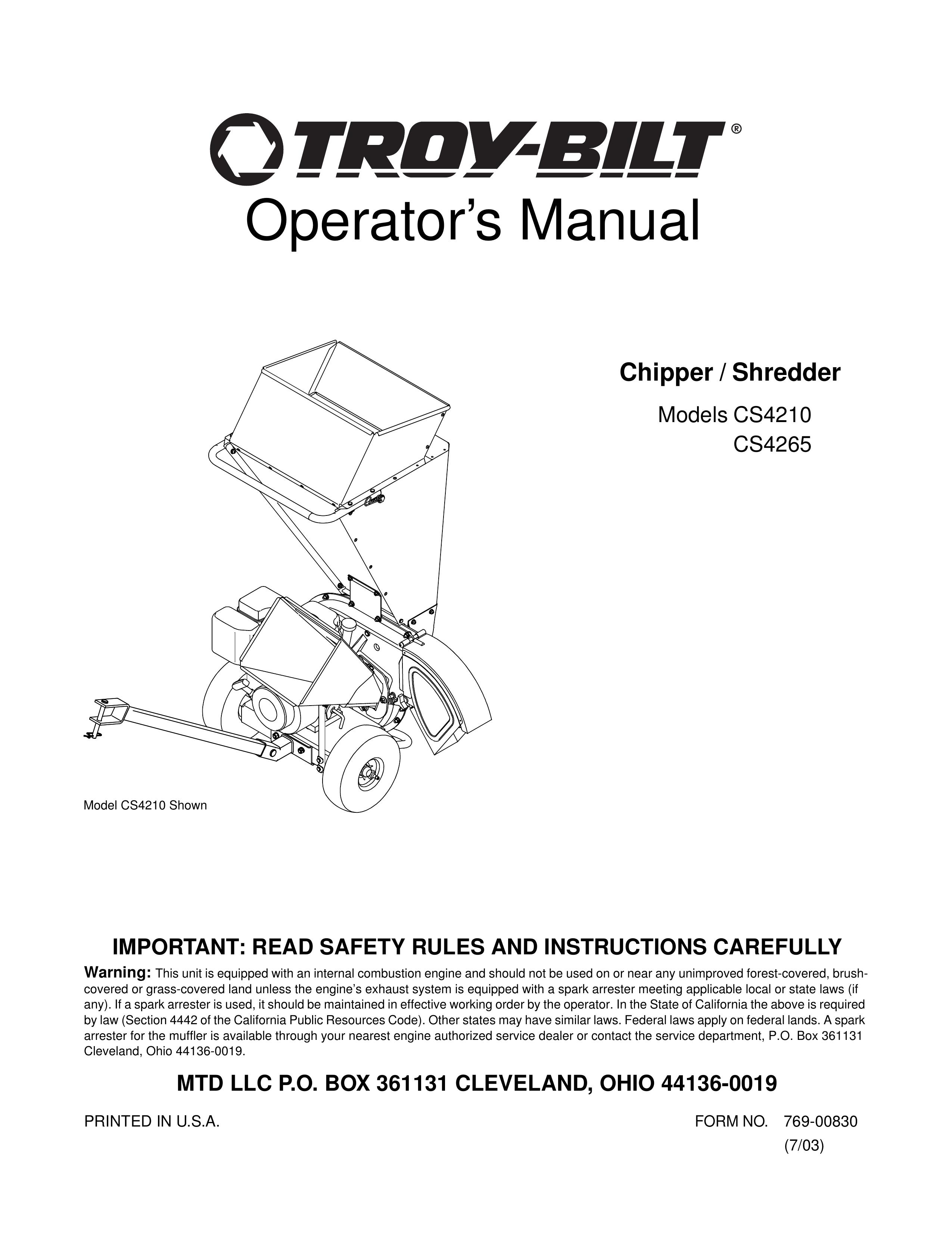 Troy-Bilt CS4210, CS4265 Chipper User Manual