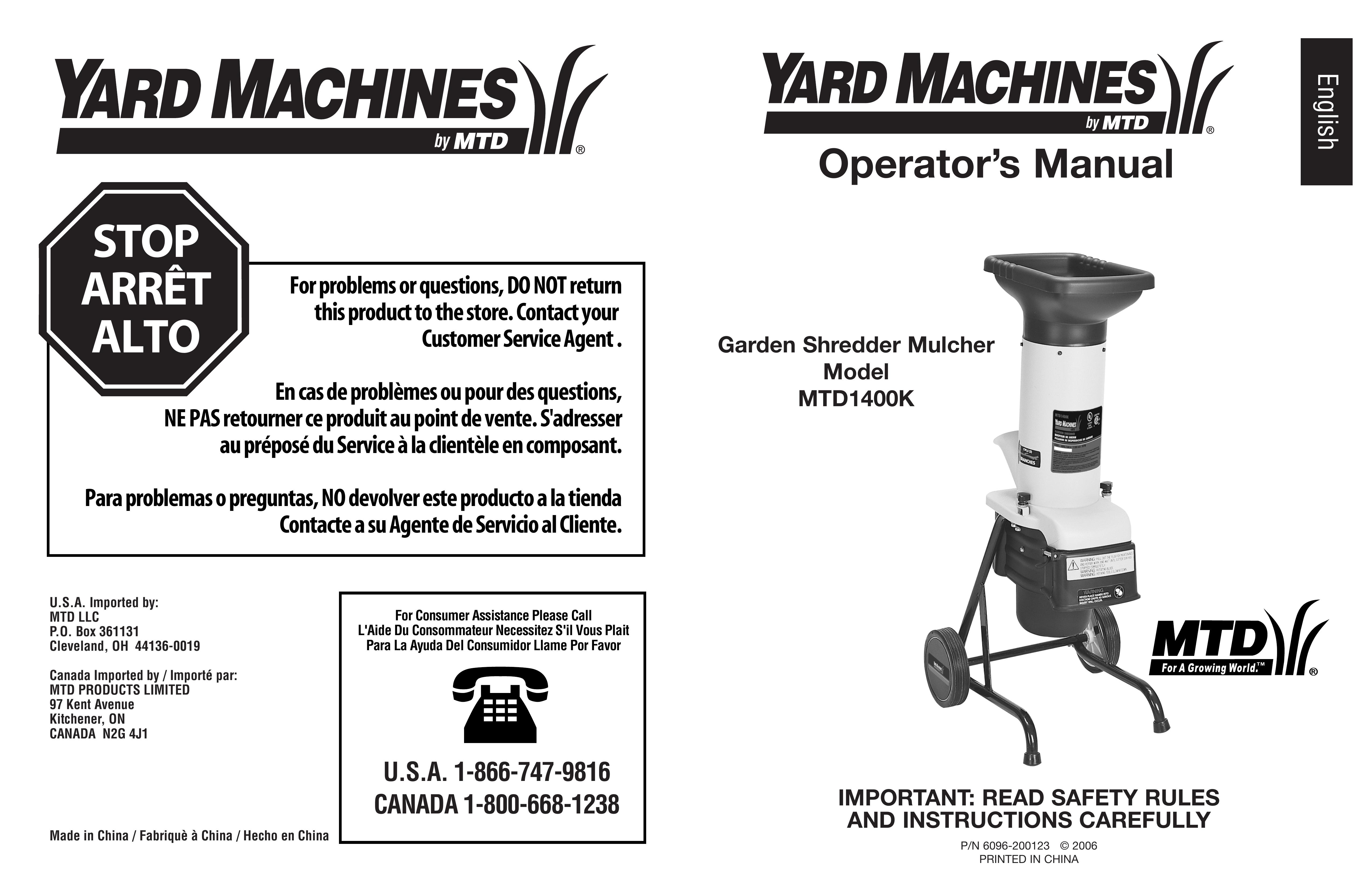 Yard Machines MTD1400K Chipper User Manual