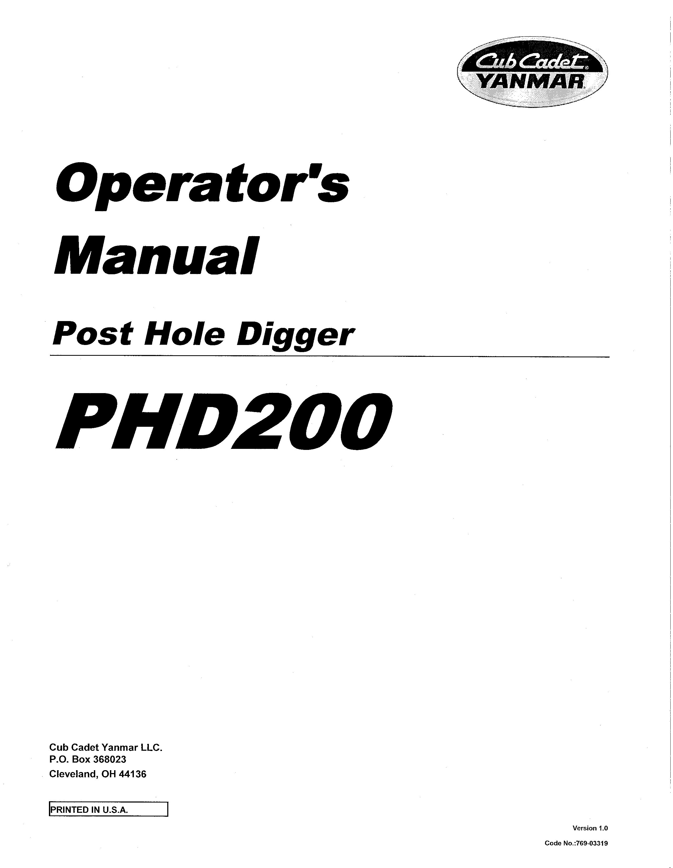 Cub Cadet PHD200 Compact Excavator User Manual