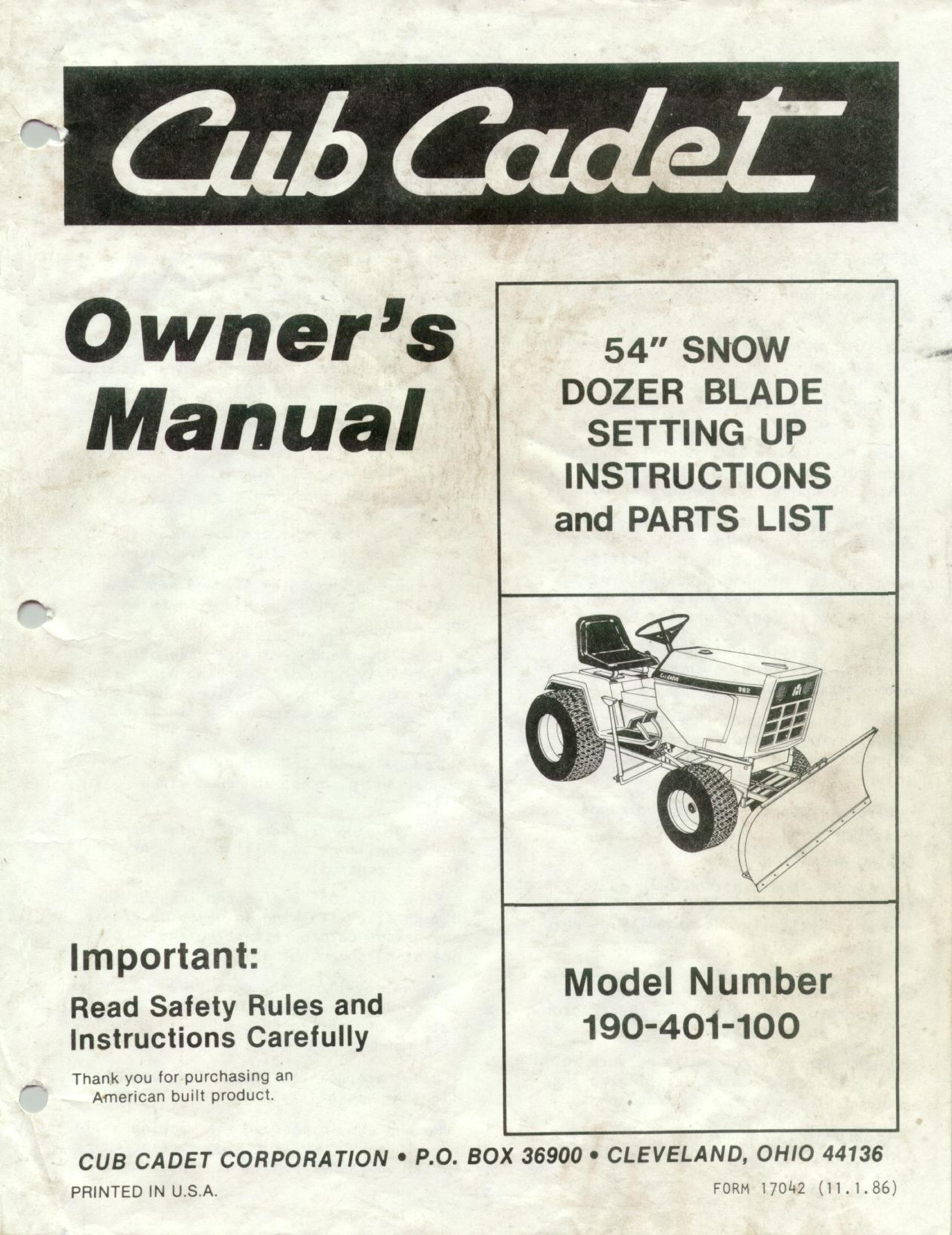 Cub Cadet 190-401-100 Compact Loader User Manual