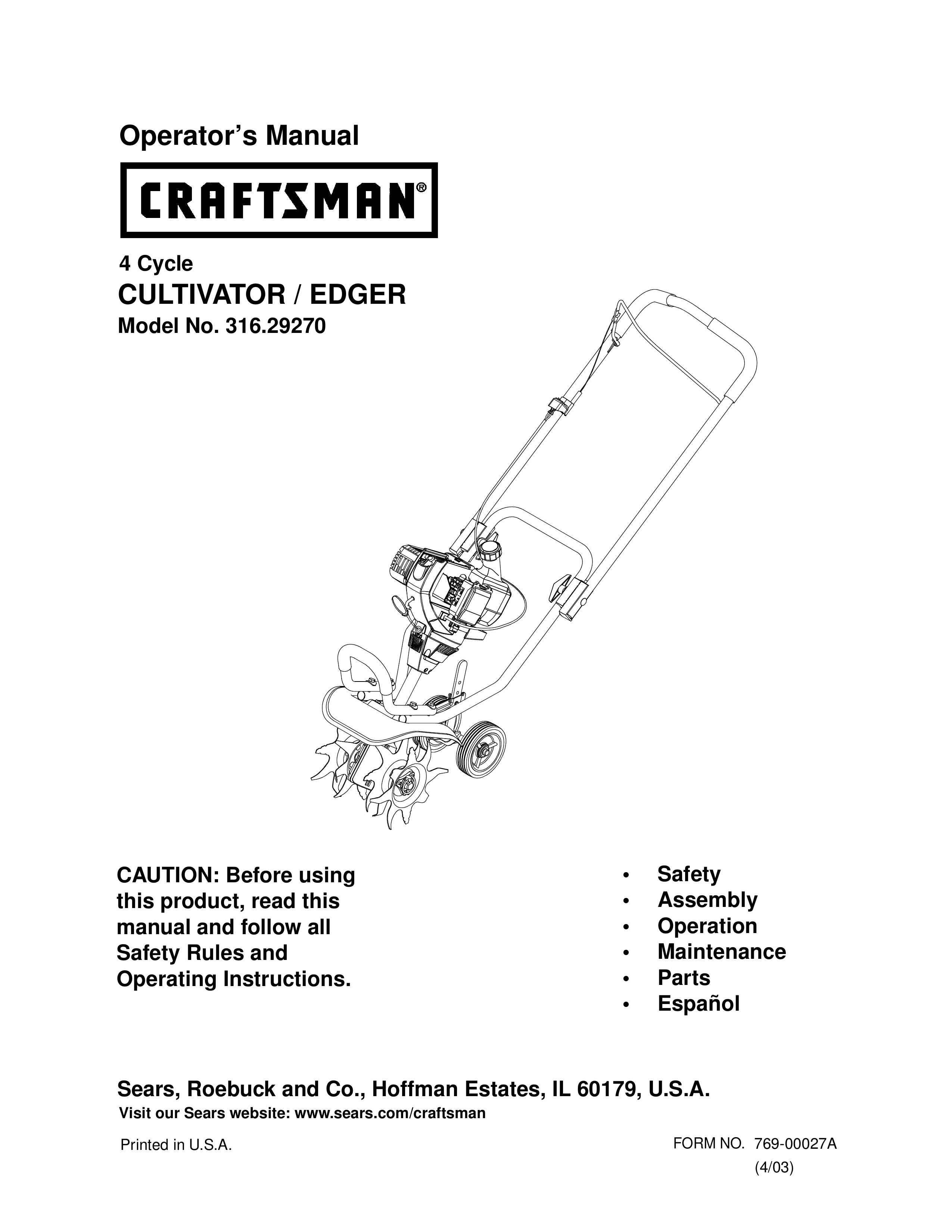 Craftsman 316.2927 Cultivator User Manual