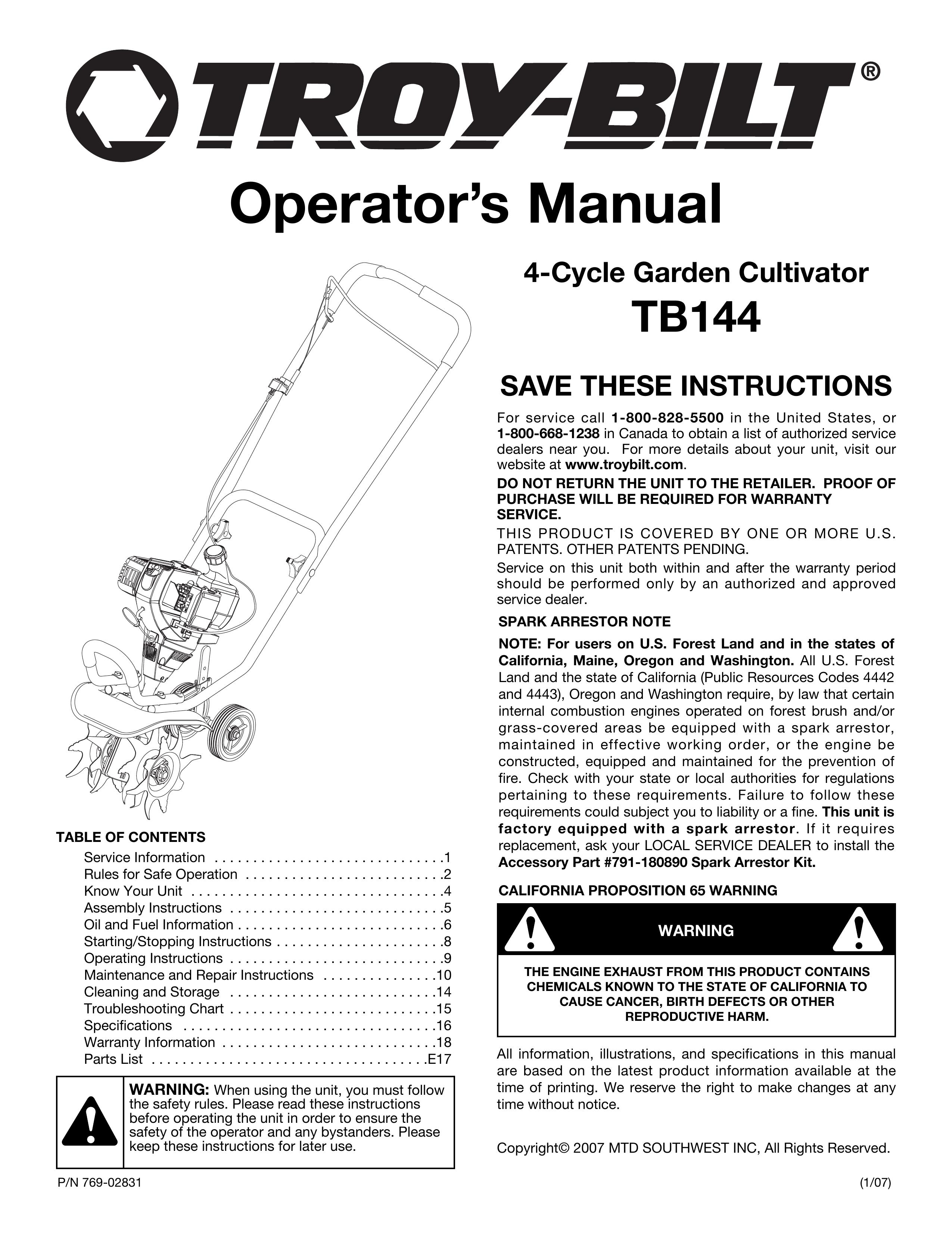 Troy-Bilt TB144 Cultivator User Manual