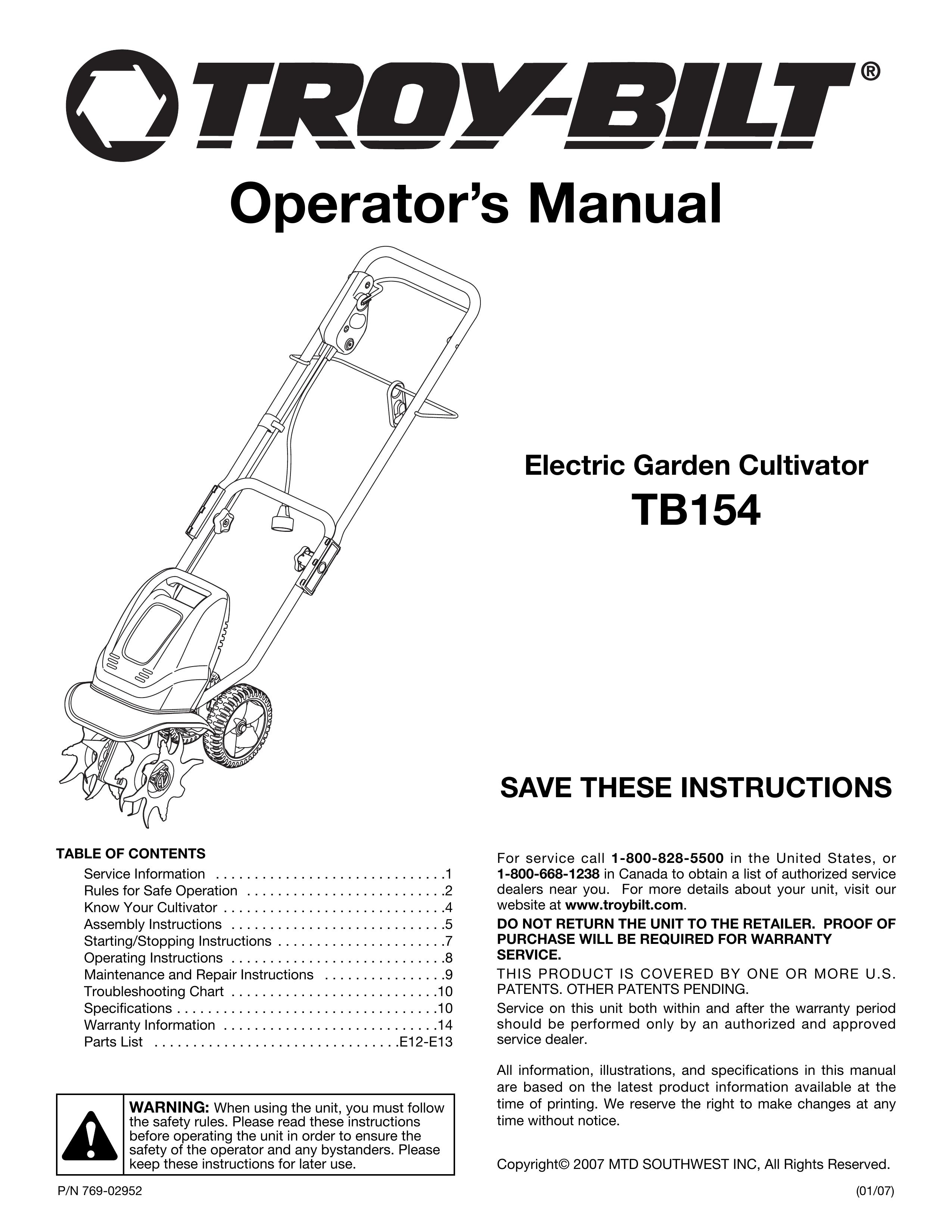 Troy-Bilt TB154 Cultivator User Manual