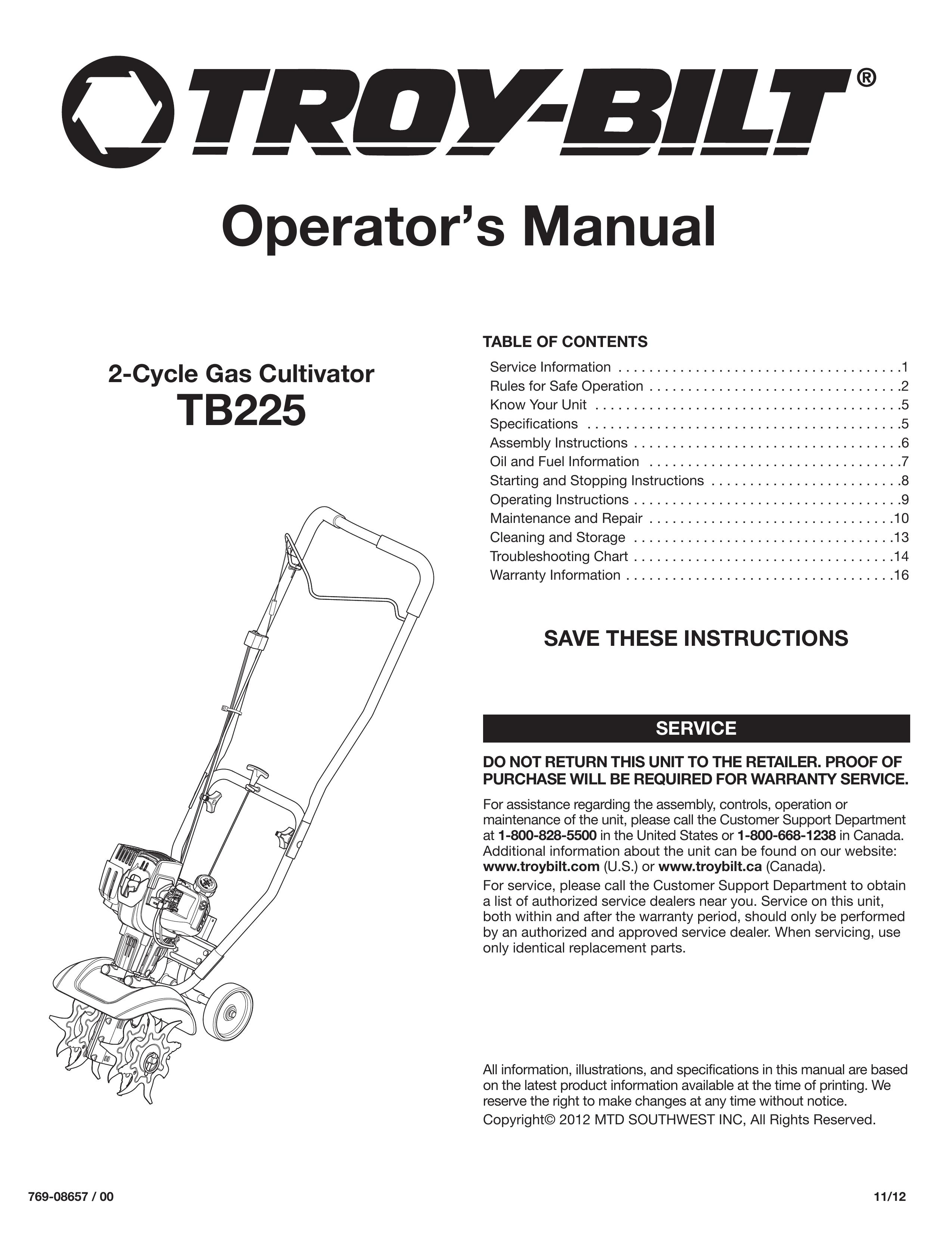 Troy-Bilt TB225 Cultivator User Manual