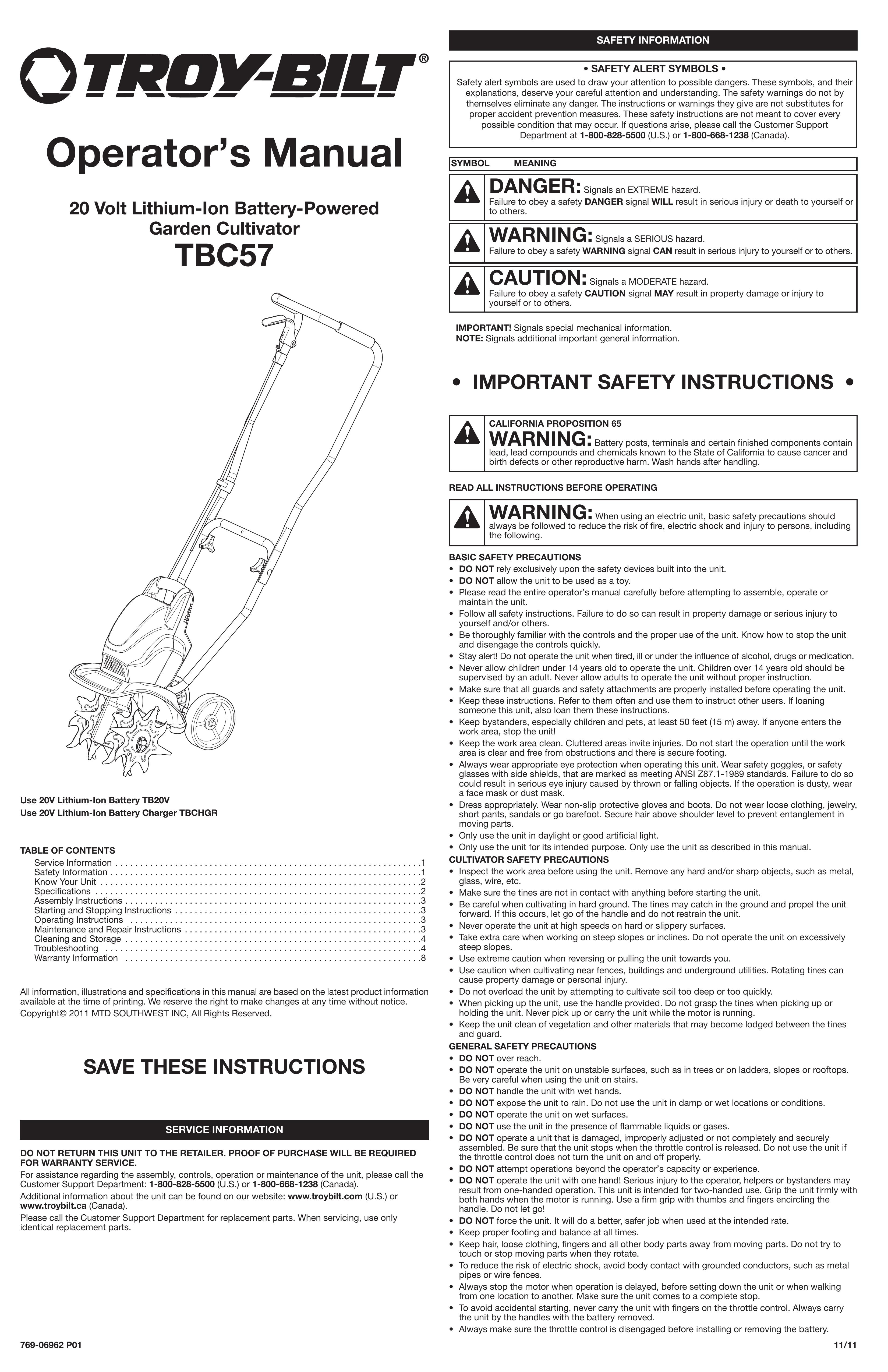 Troy-Bilt TBC57 Cultivator User Manual