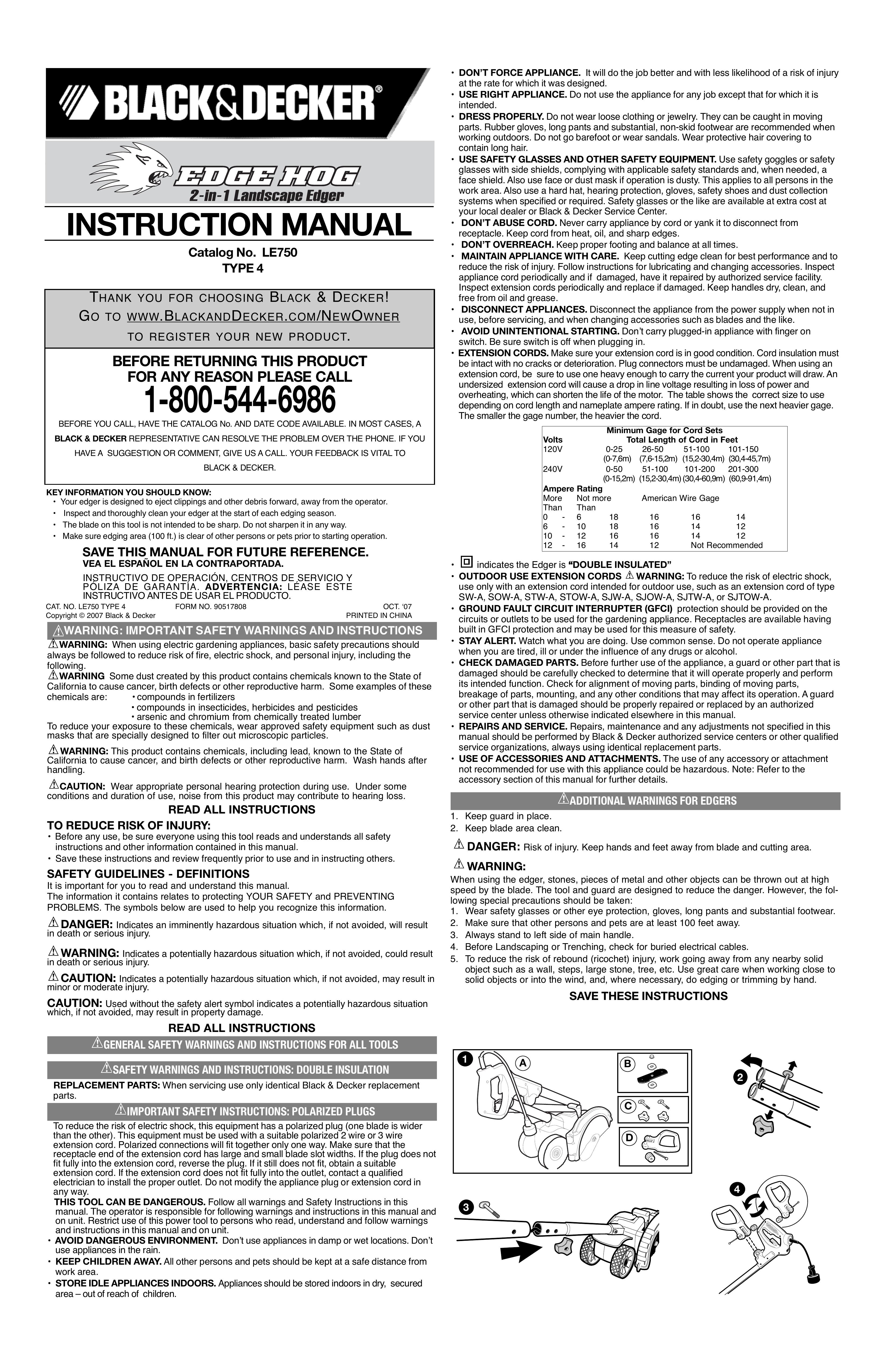 Black & Decker LE750 Type 4 Edger User Manual