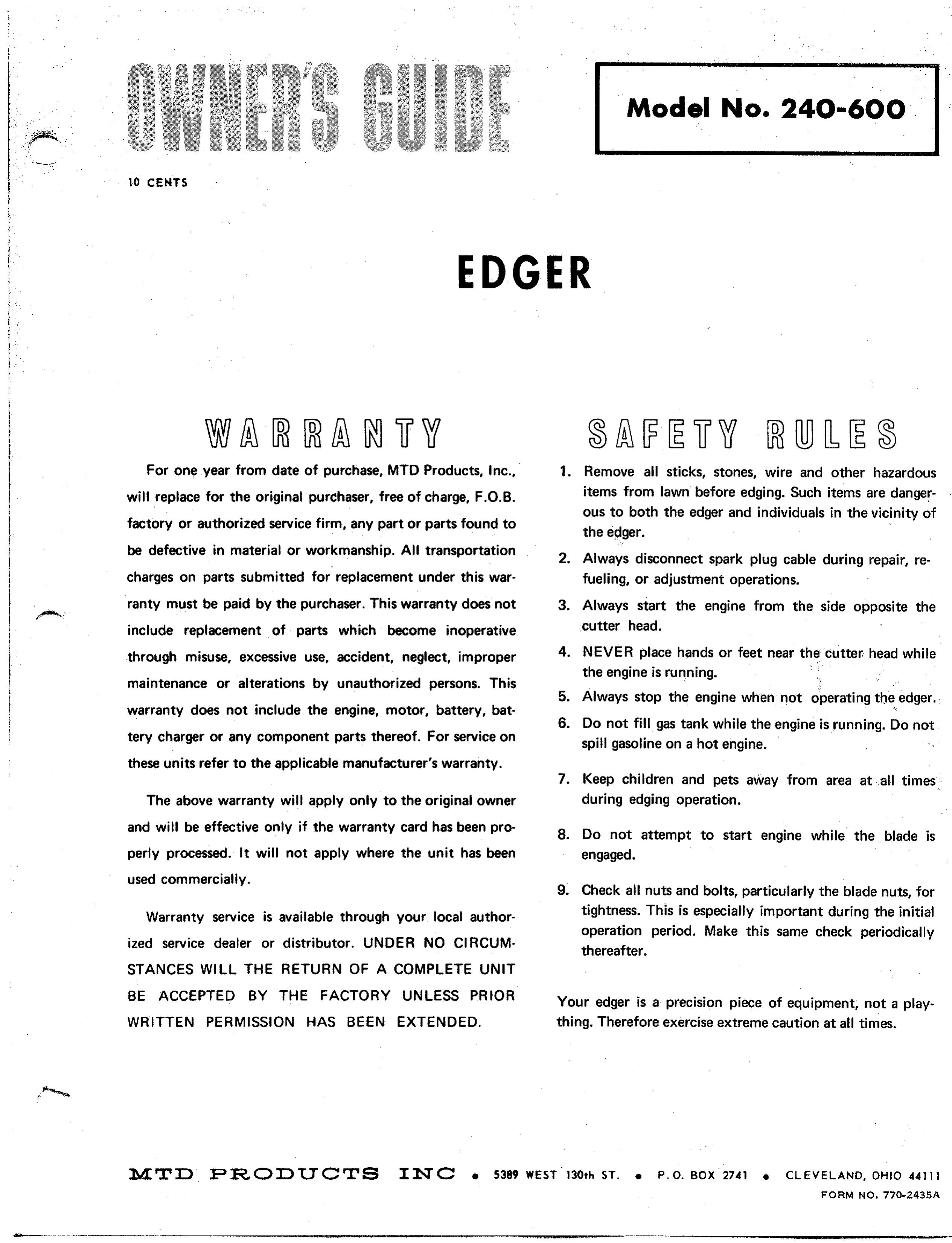 Bolens 240-600 Edger User Manual