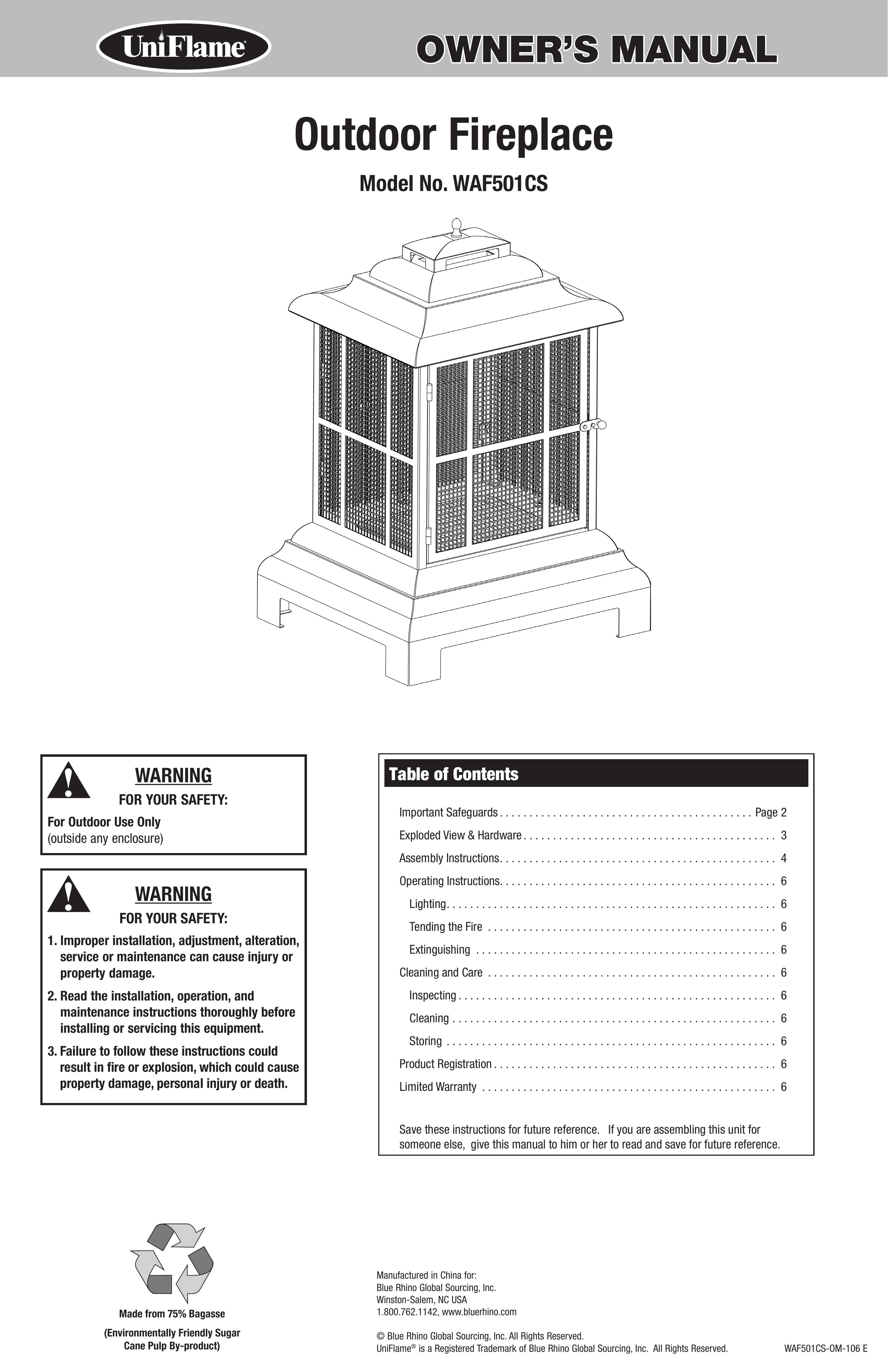 Uniflame Waf501cs Greenhouse Kit User Manual