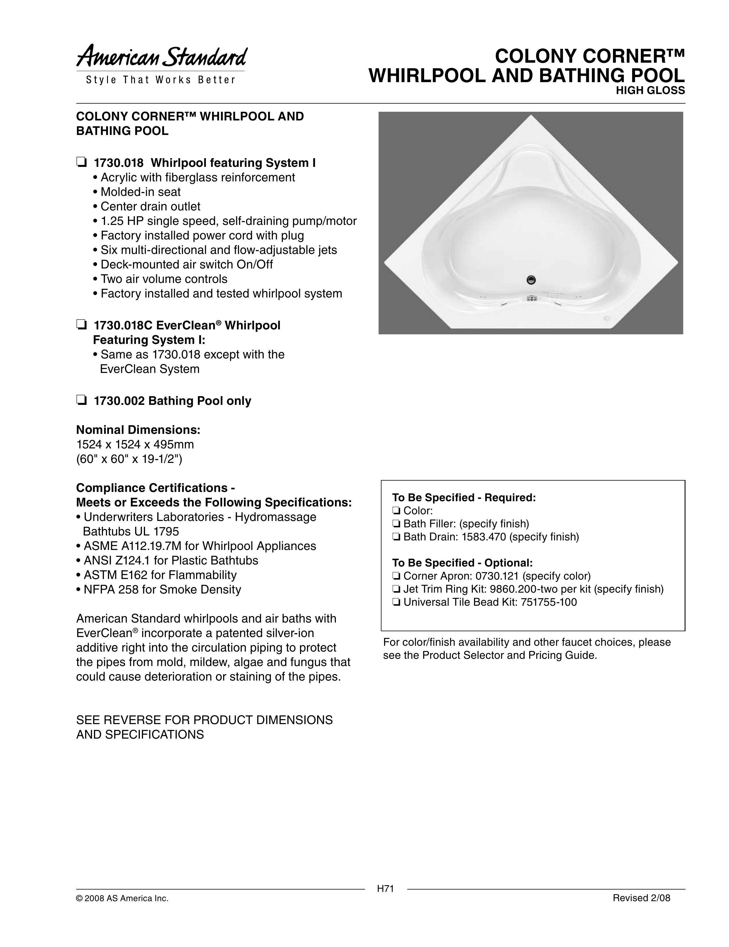 American Standard 1730.018 Hot Tub User Manual