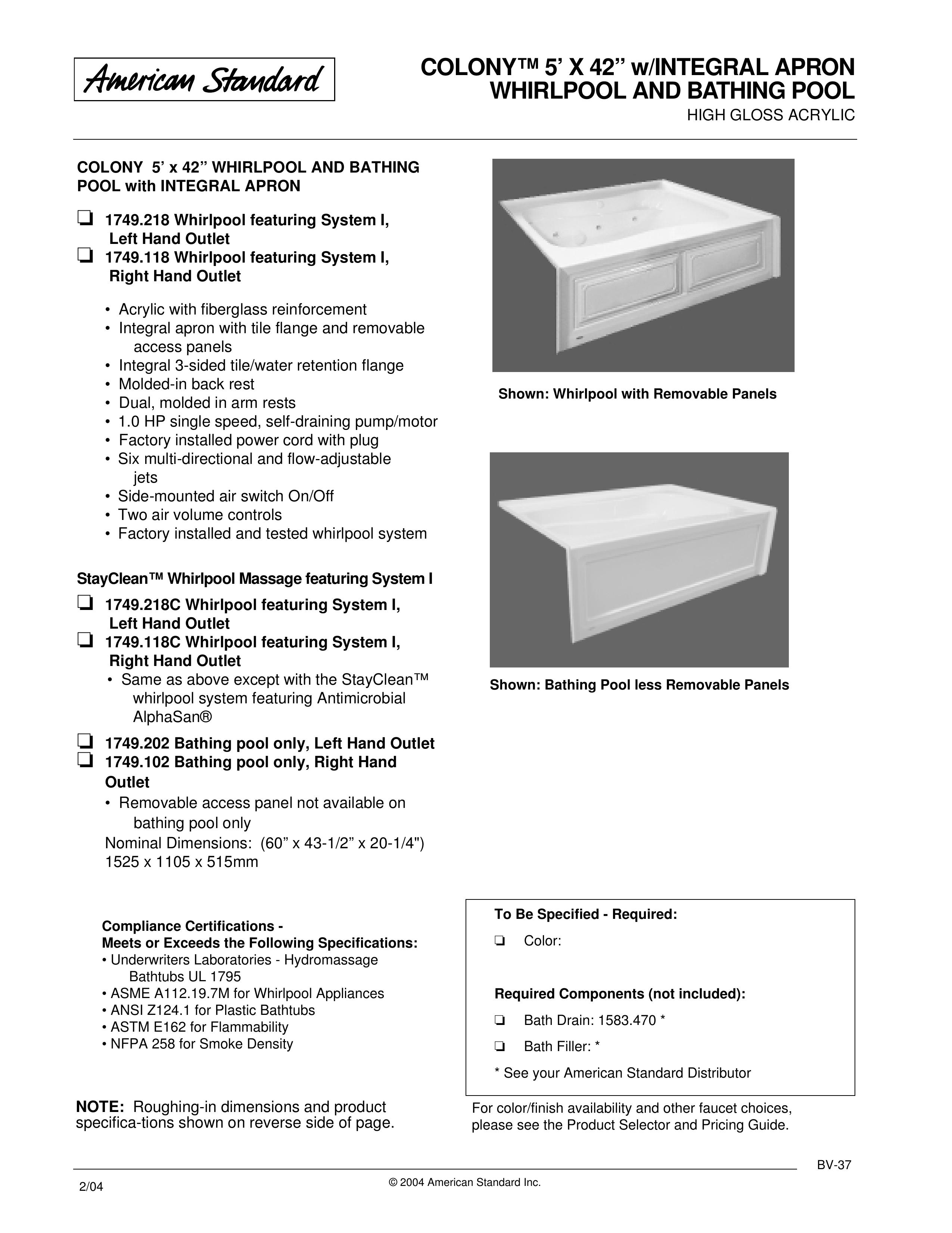 American Standard 1749.118C Hot Tub User Manual