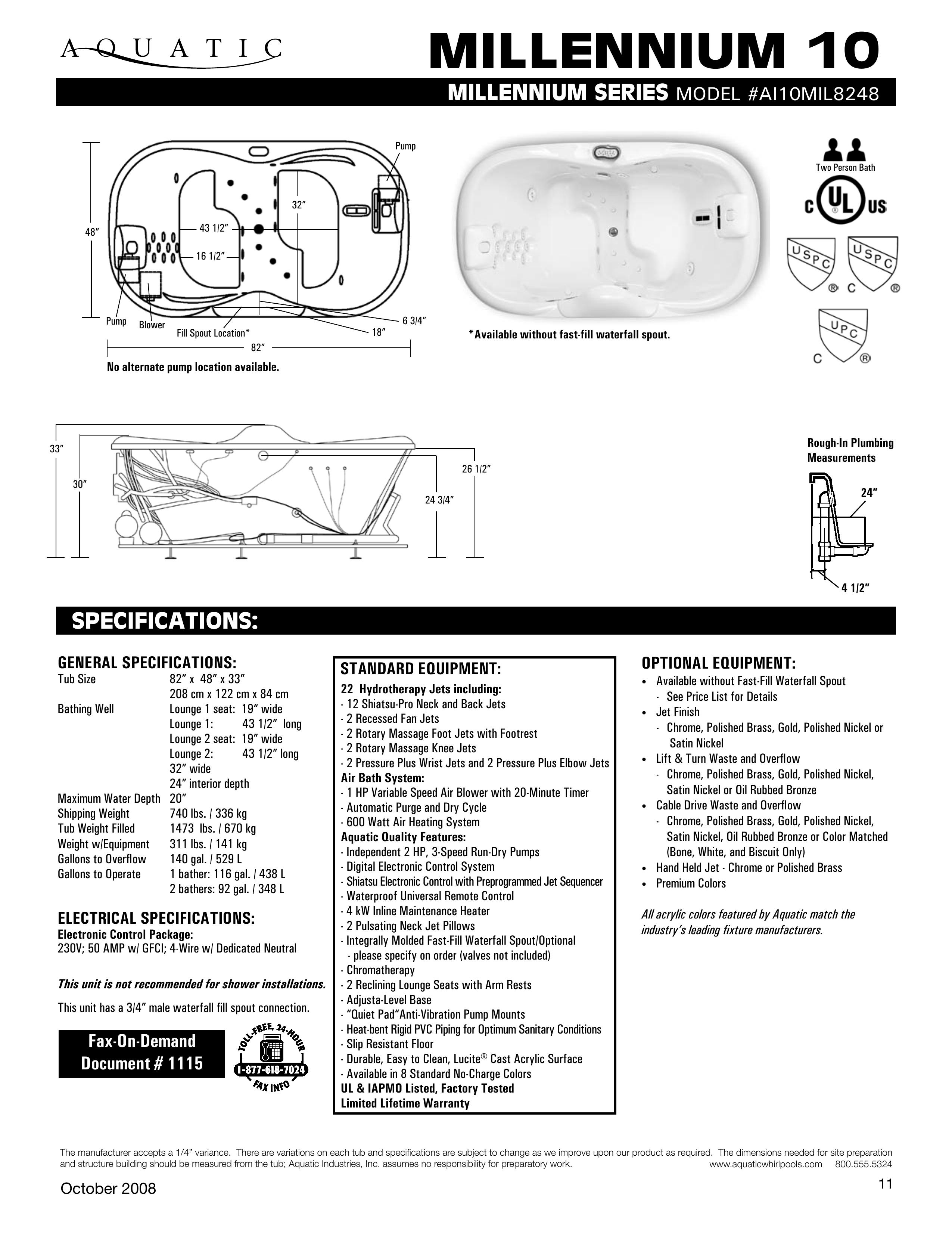 Aquatic AI10MIL8248 Hot Tub User Manual