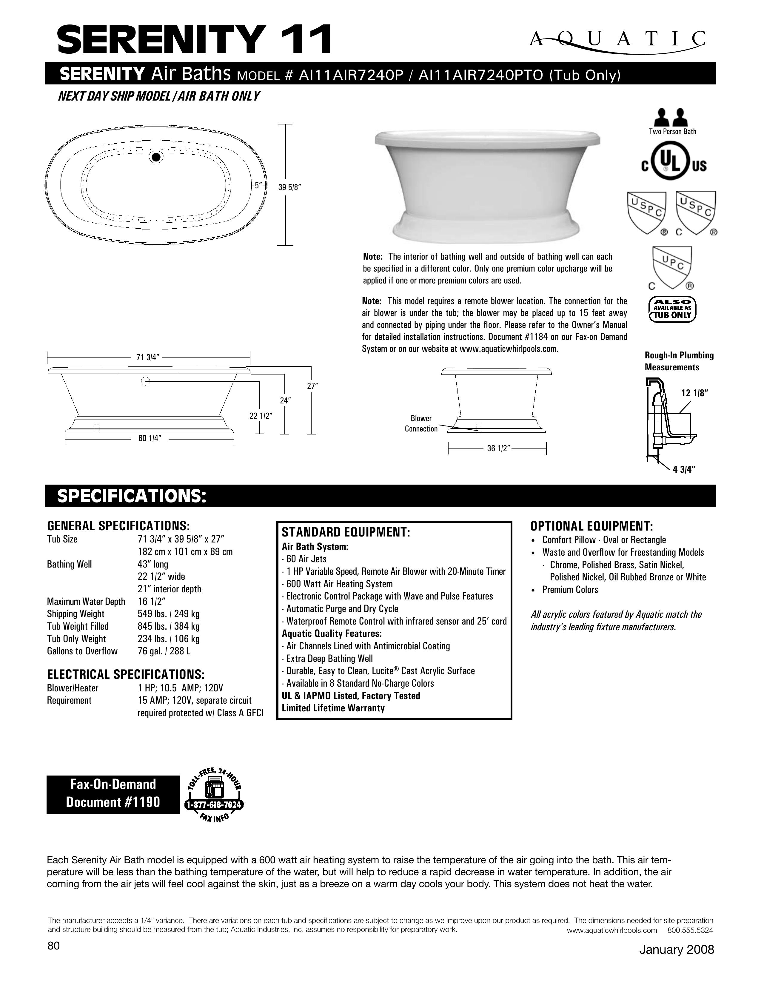 Aquatic AI11AIR7240PTO Hot Tub User Manual