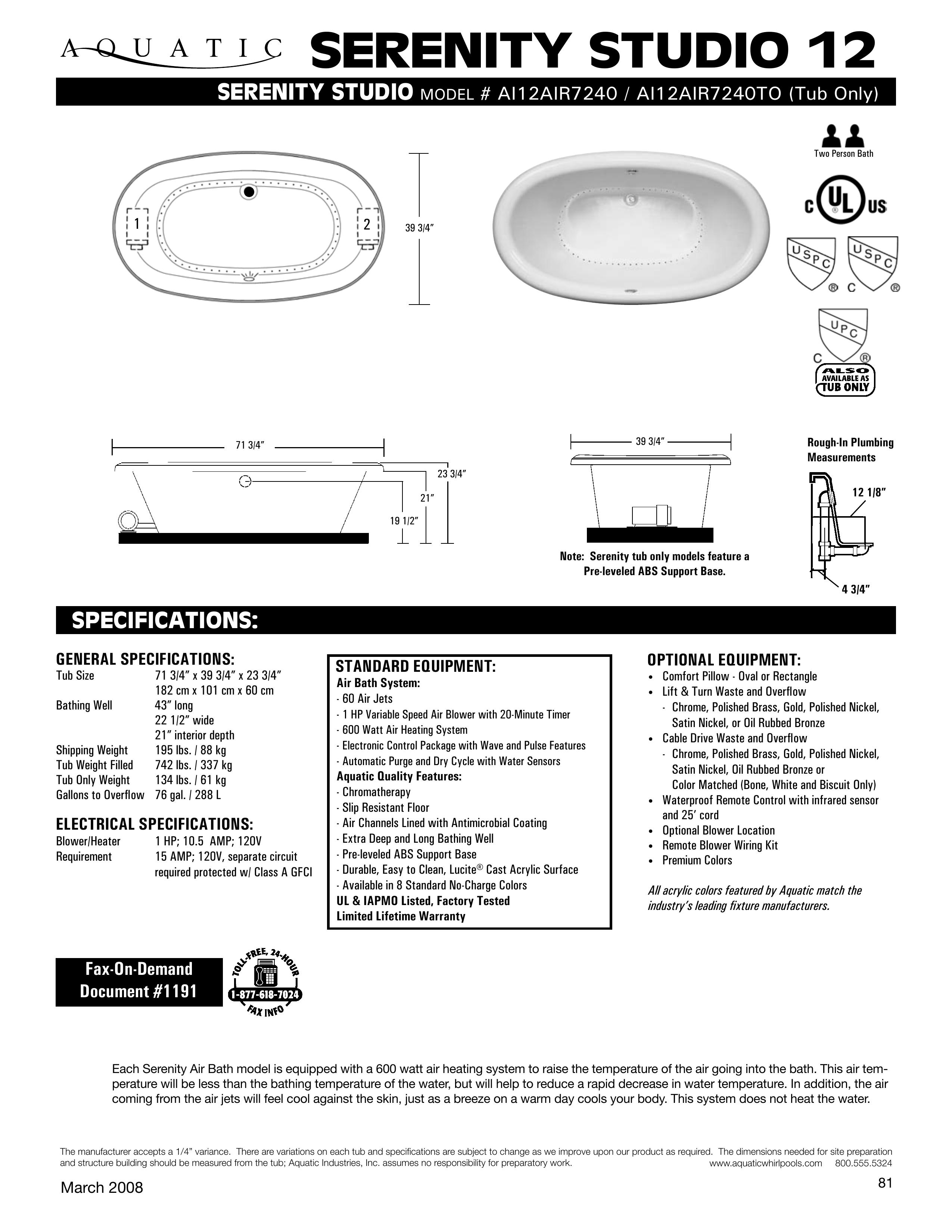 Aquatic AI12AIR7240 Hot Tub User Manual