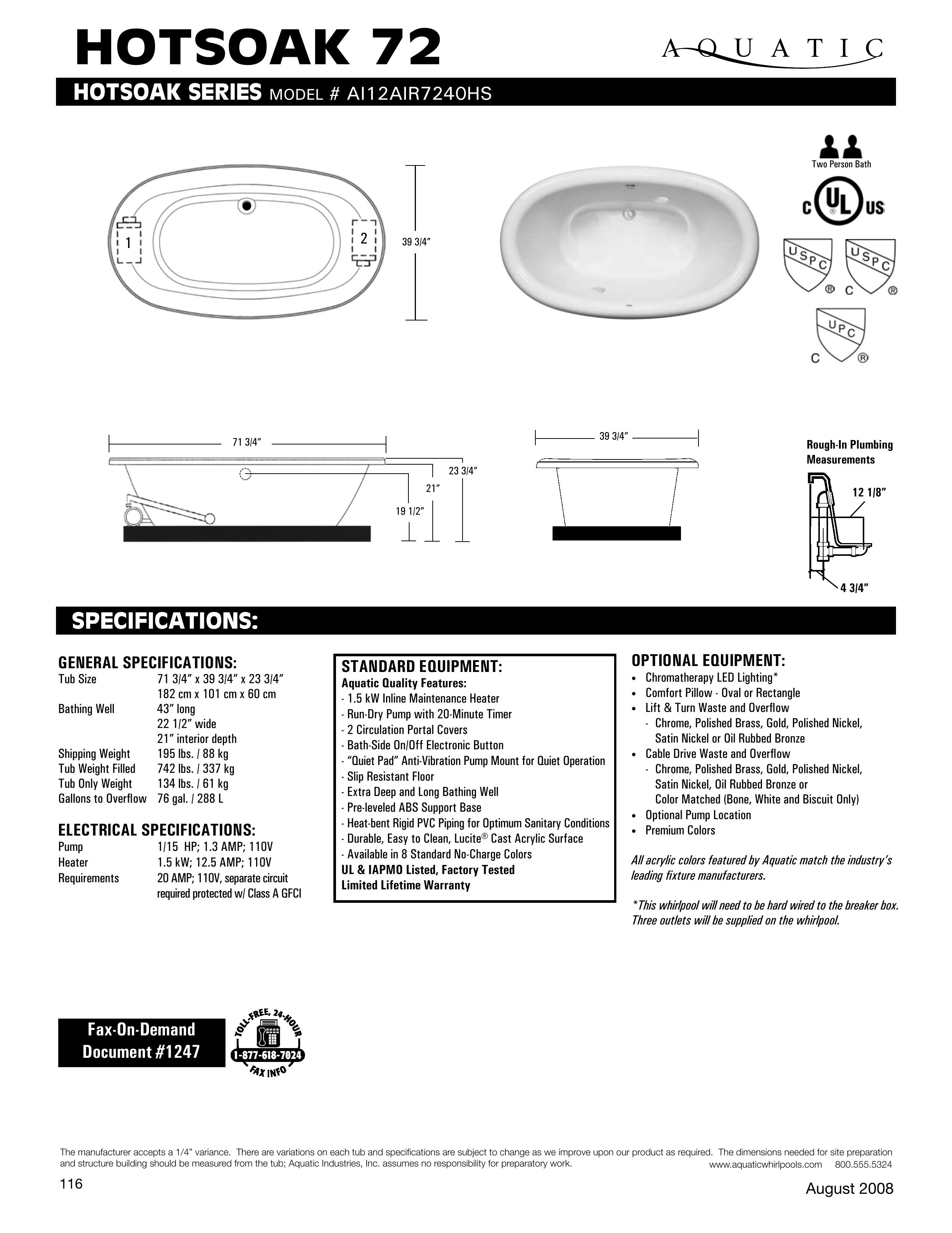 Aquatic AI12AIR7240HS Hot Tub User Manual