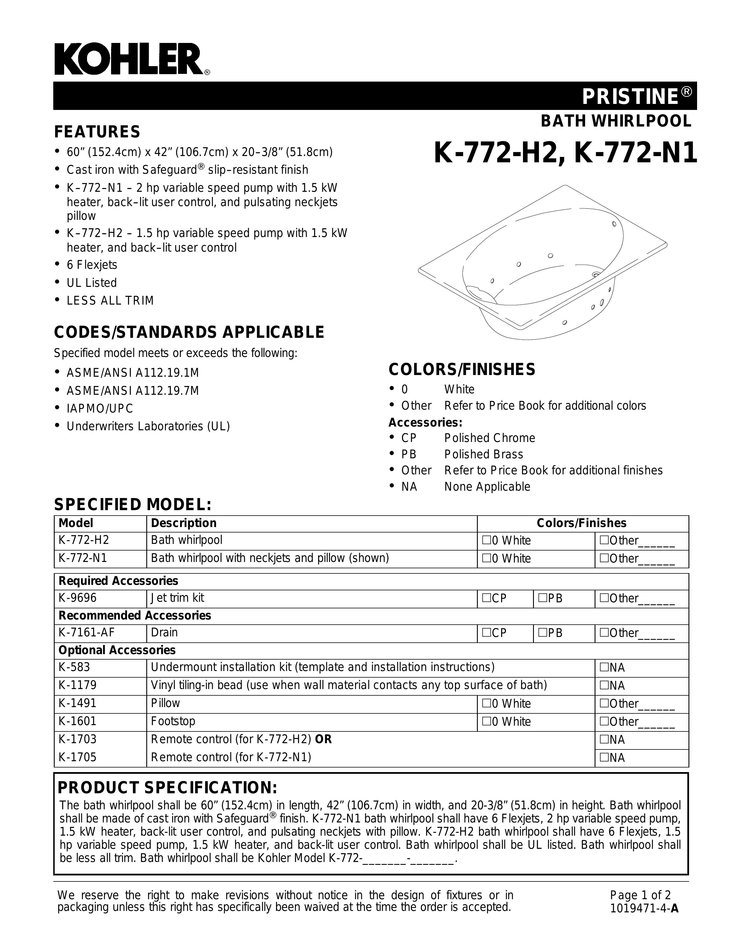 Kohler K-1491 Hot Tub User Manual