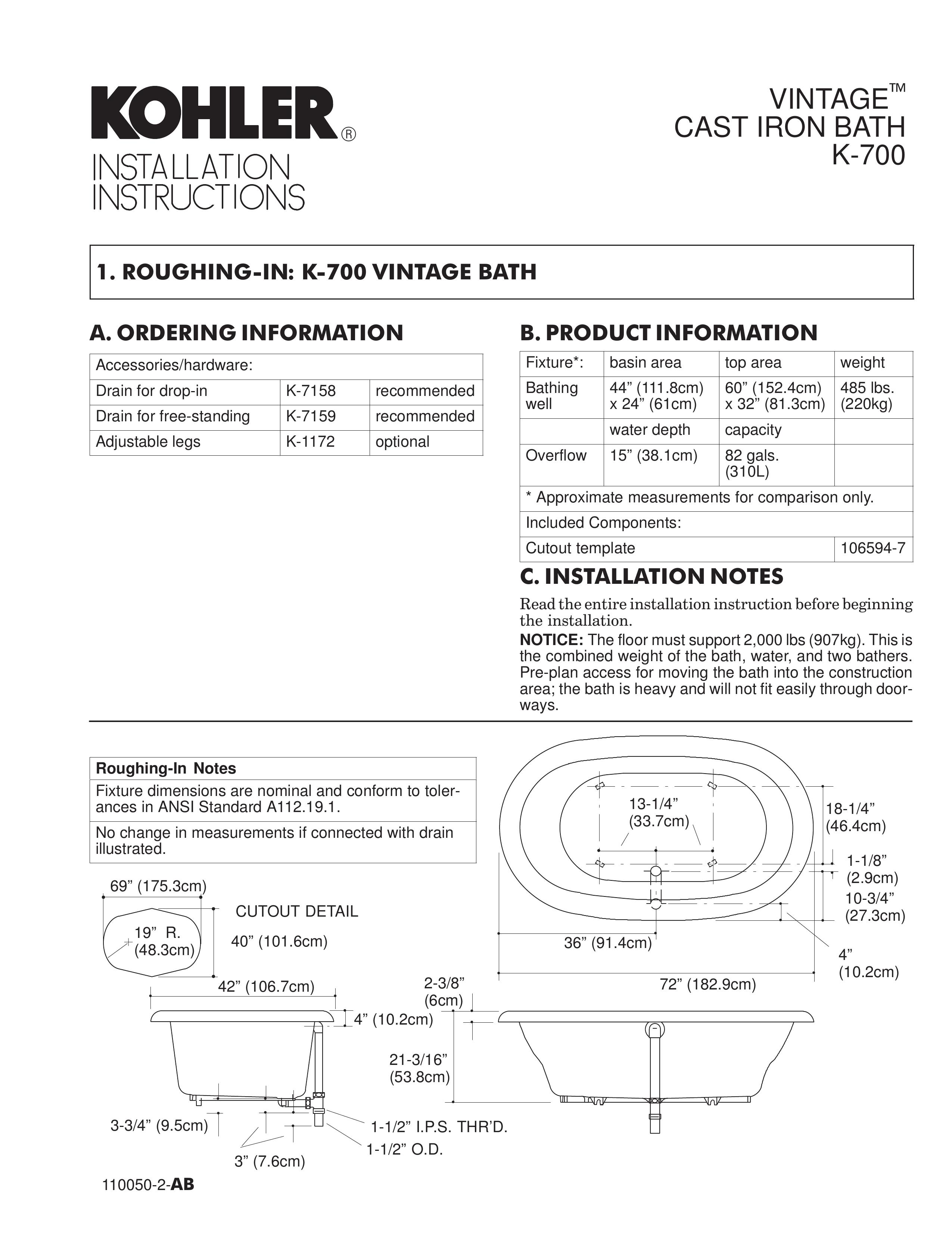 Kohler K-7158 Hot Tub User Manual