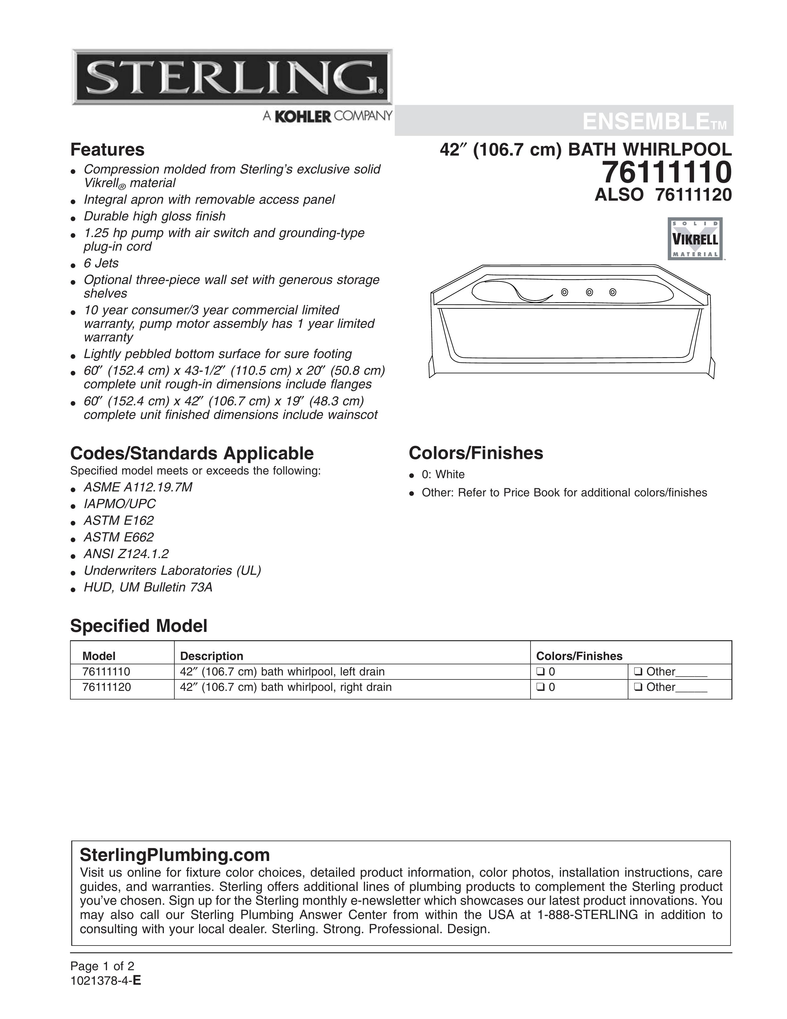 Sterling Plumbing 76111120 Hot Tub User Manual