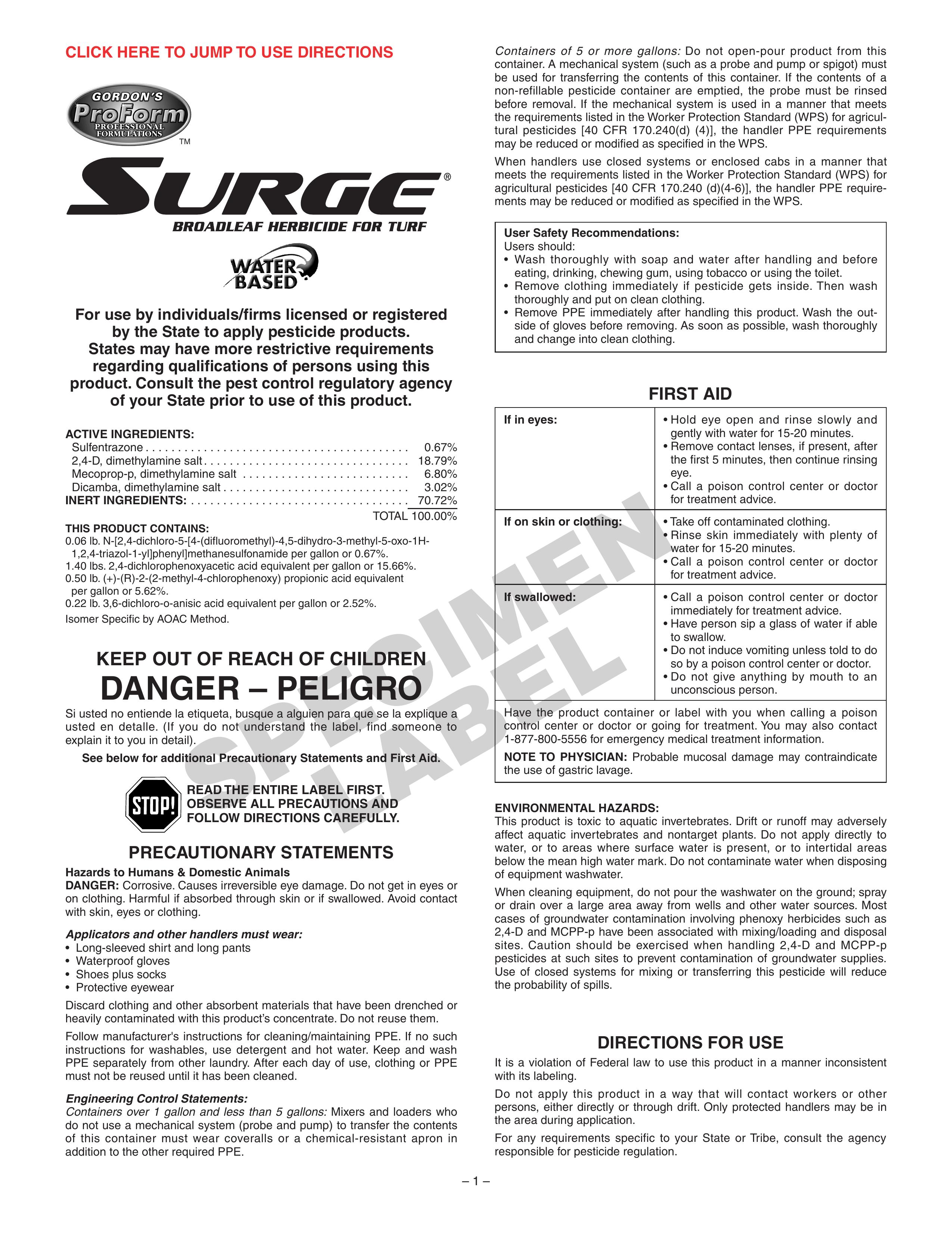 Surge Water Broadleaf Herbicide For Turf Insect Control Equipment User Manual