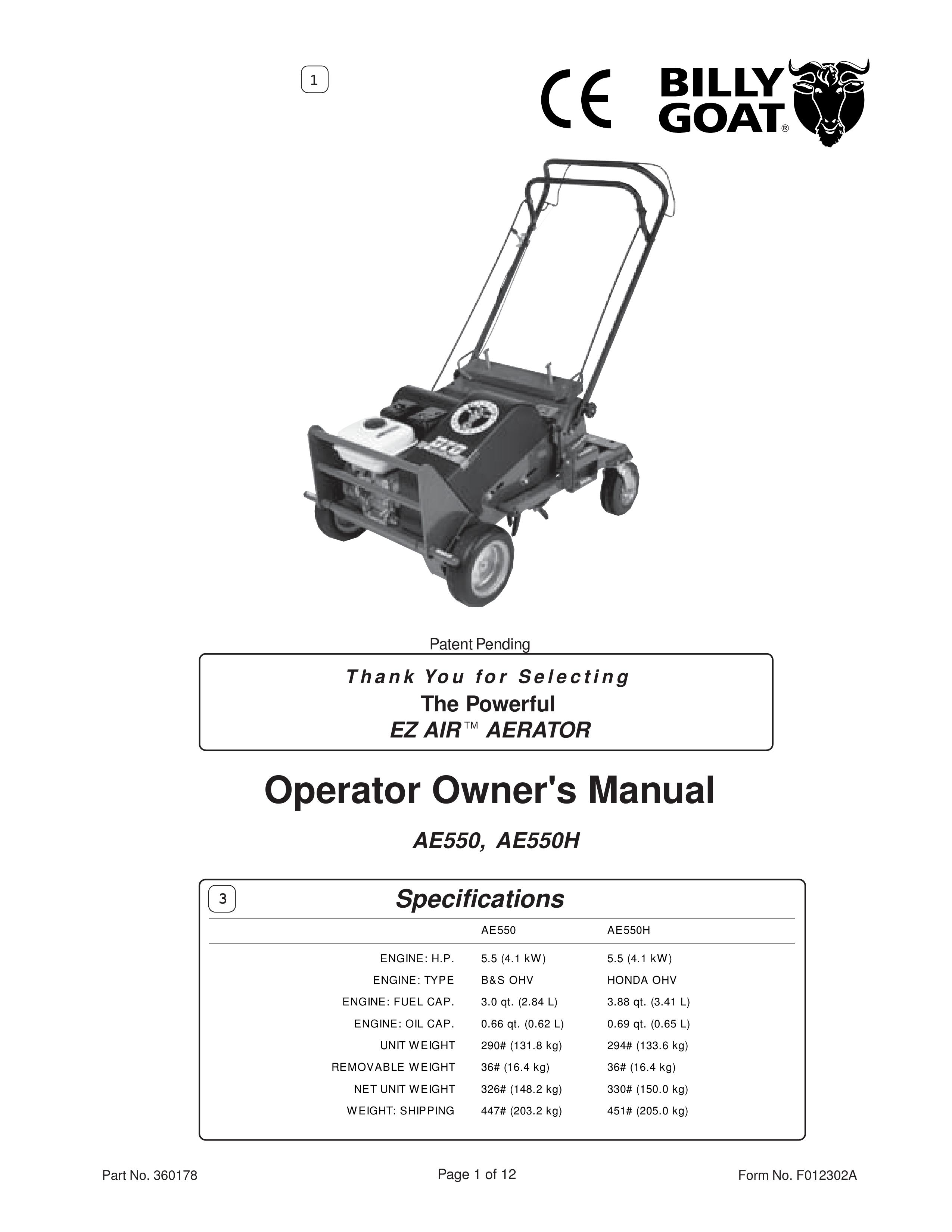 Billy Goat AE550 Lawn Aerator User Manual