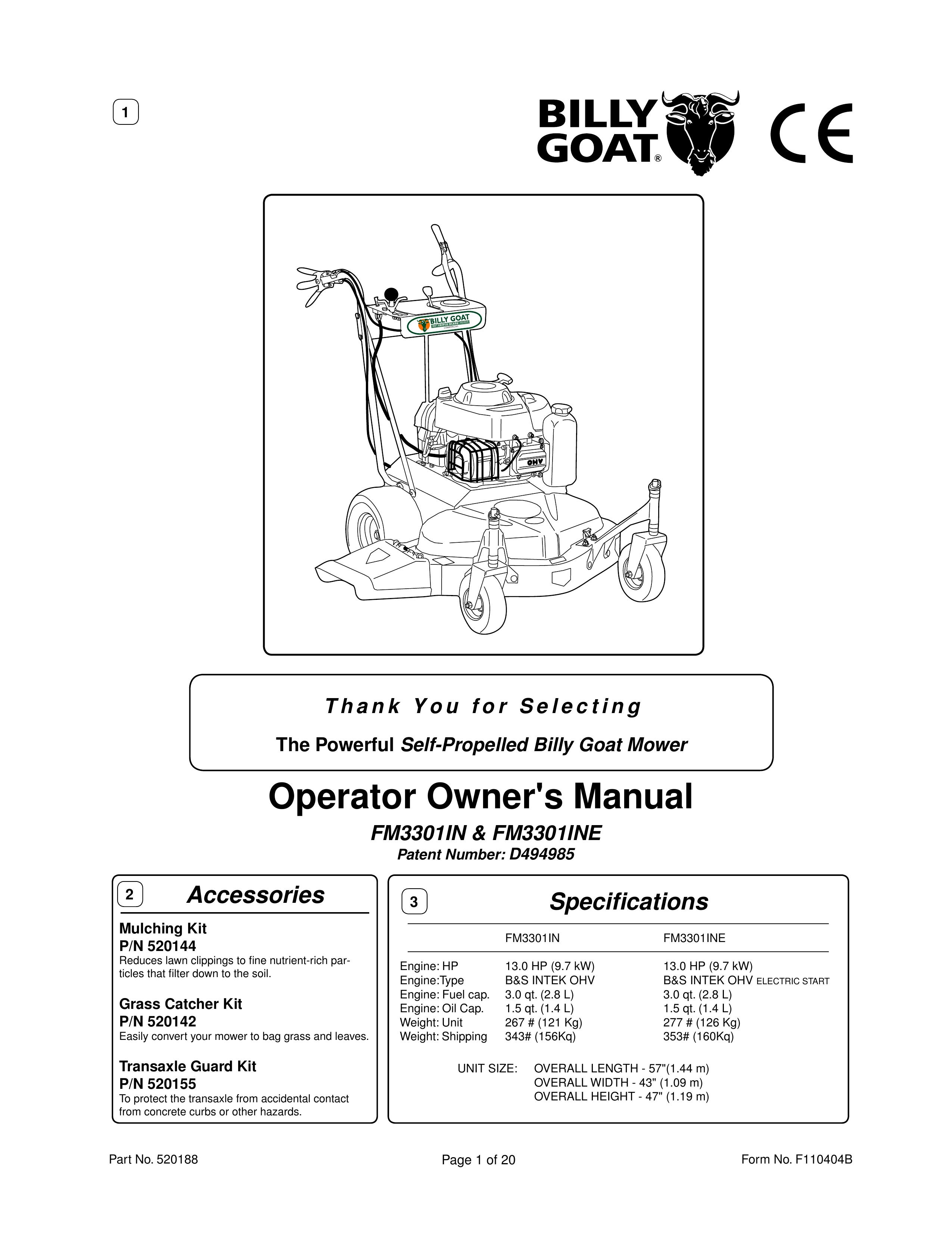 Billy Goat FM3301IN, FM3301INE Lawn Mower User Manual