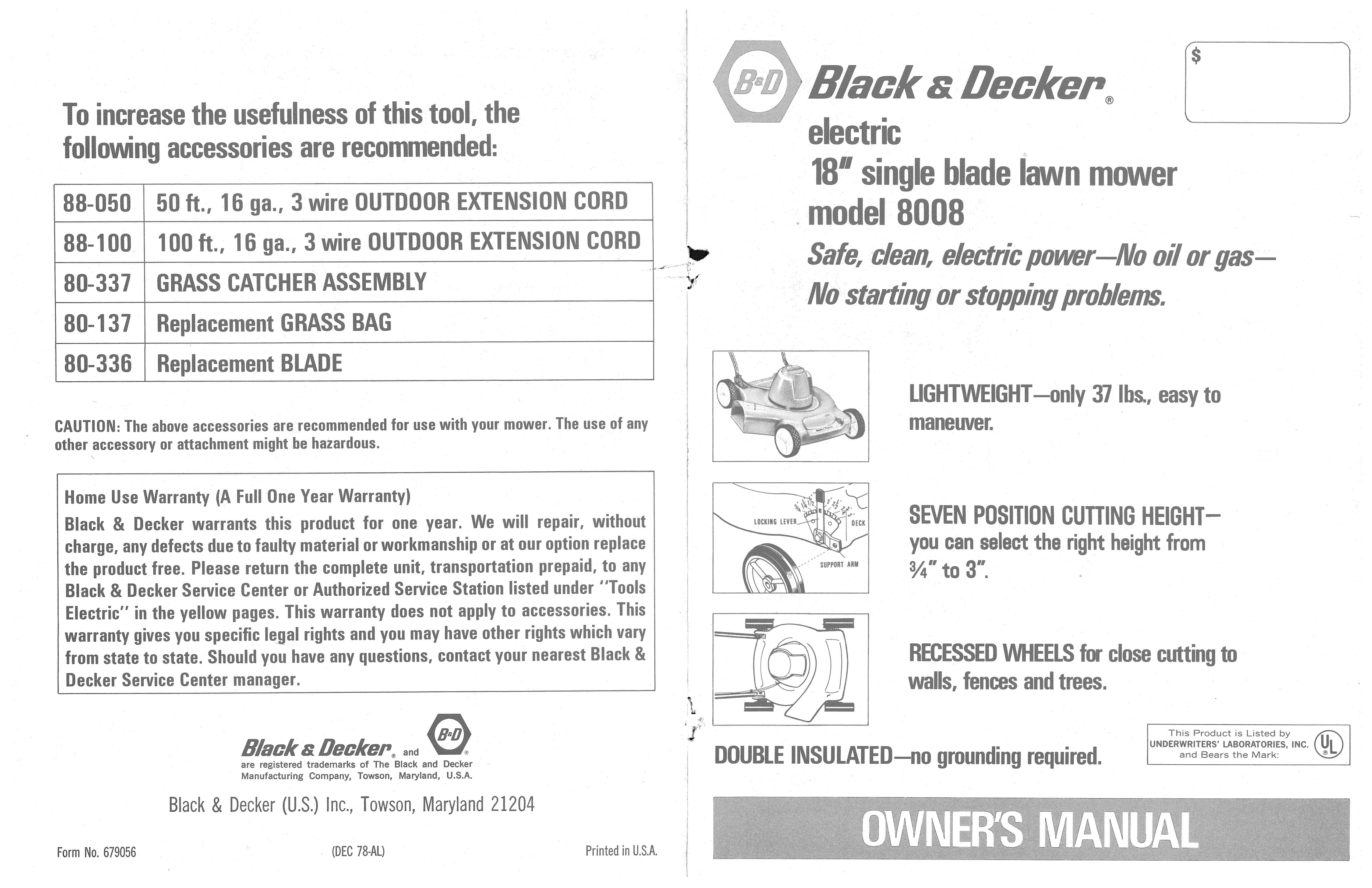 Black & Decker 679056 Lawn Mower User Manual
