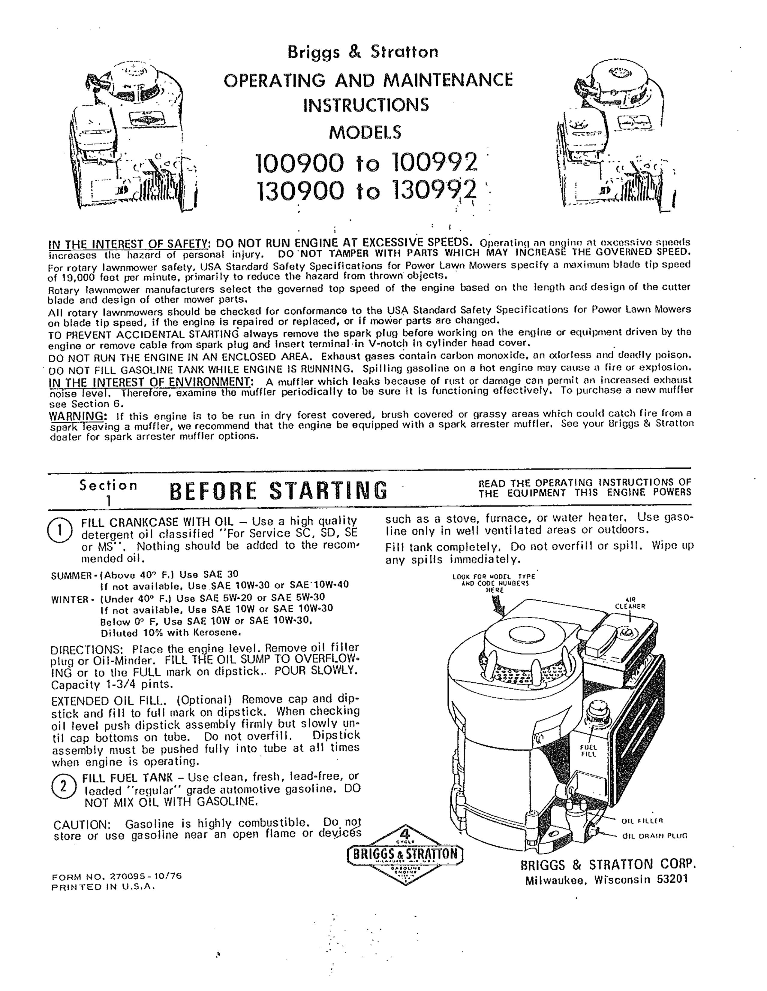 Briggs & Stratton 130900 to 130992 Lawn Mower User Manual