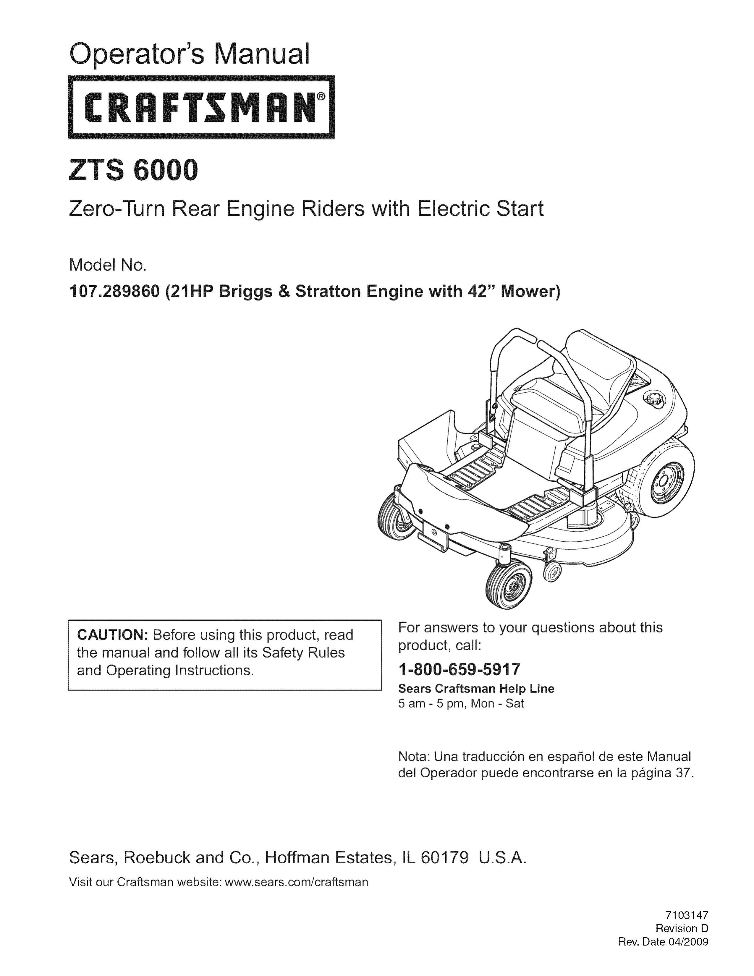 Craftsman 107.289860 Lawn Mower User Manual