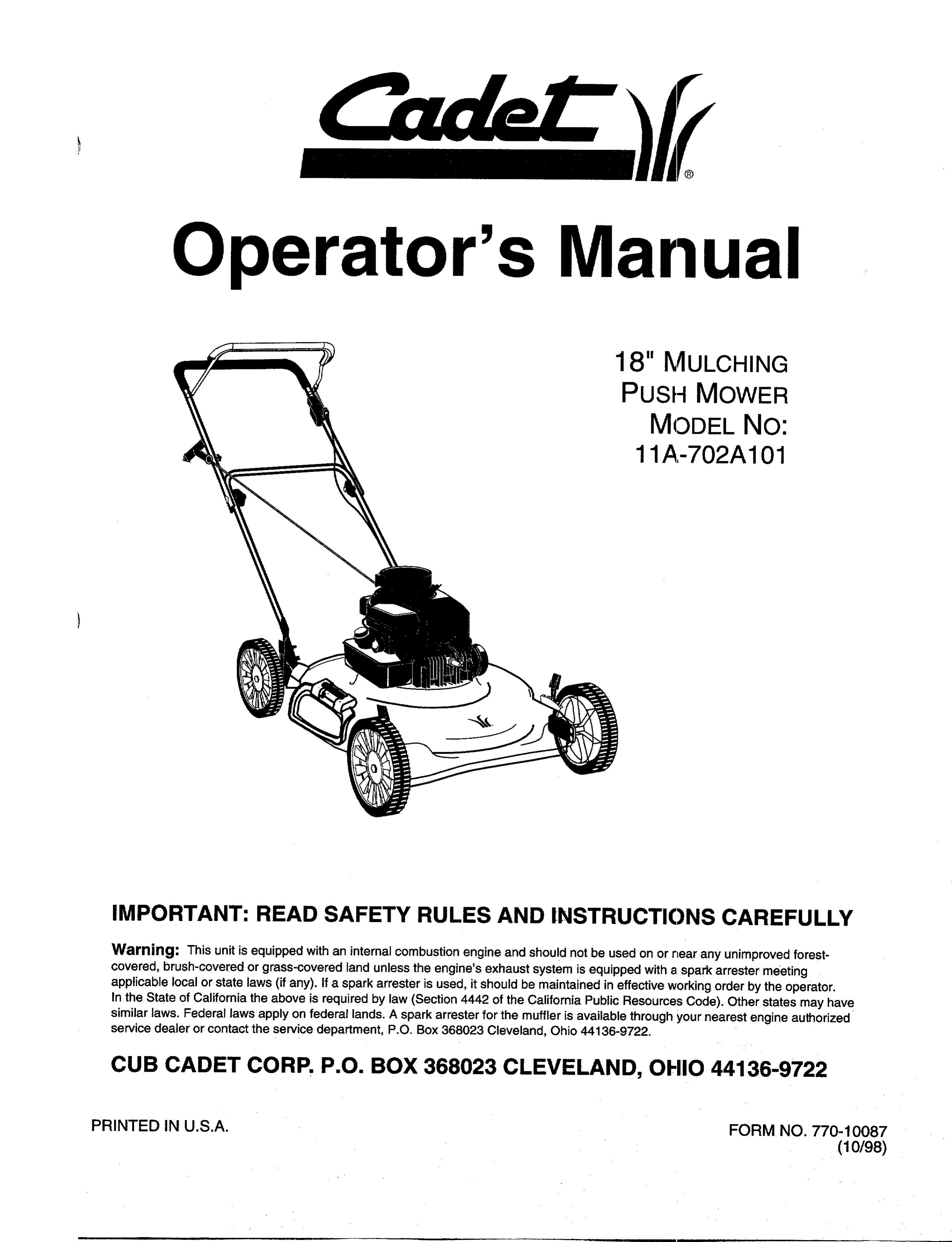 Cub Cadet 11A-702A101 Lawn Mower User Manual