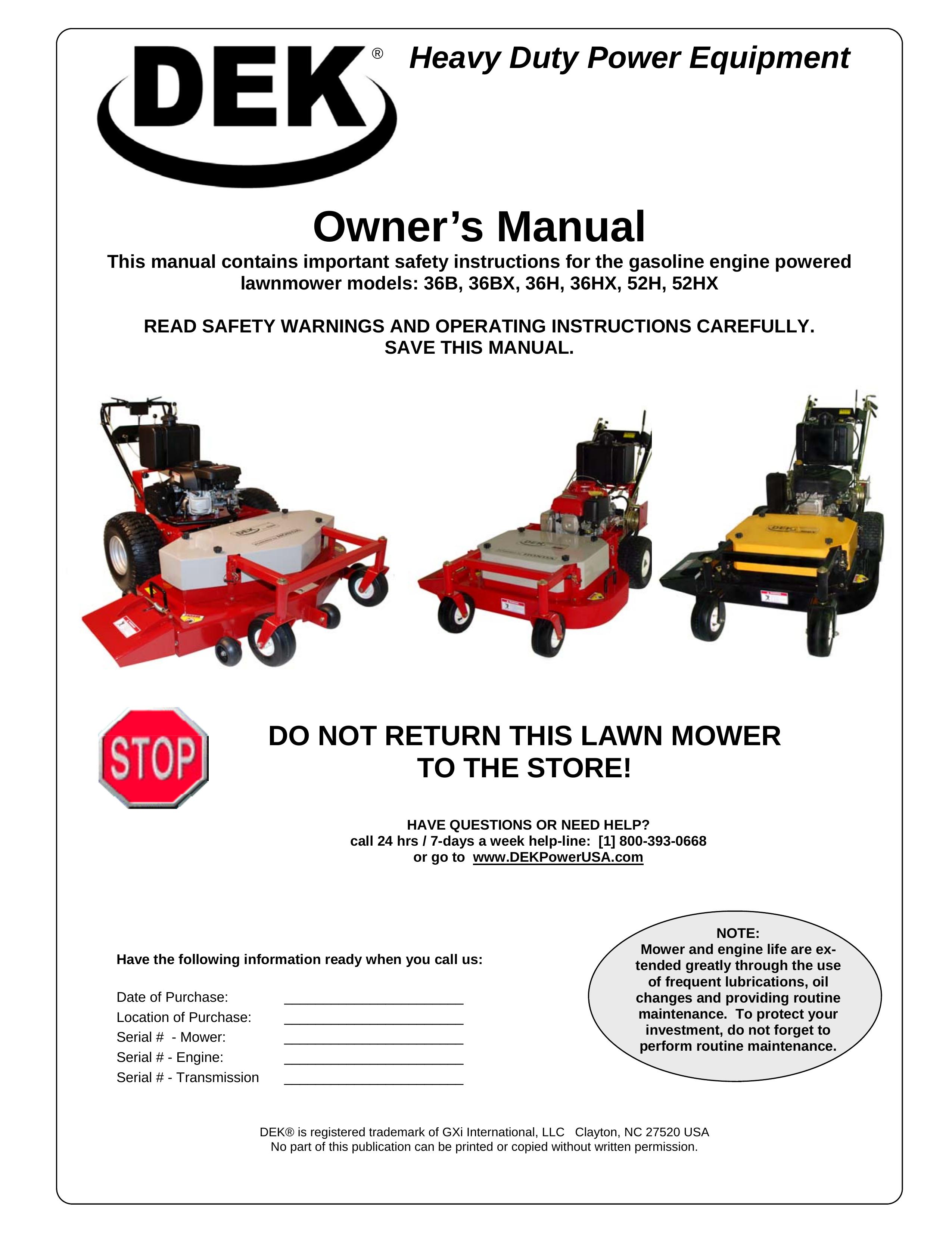 Dekko 36HX Lawn Mower User Manual