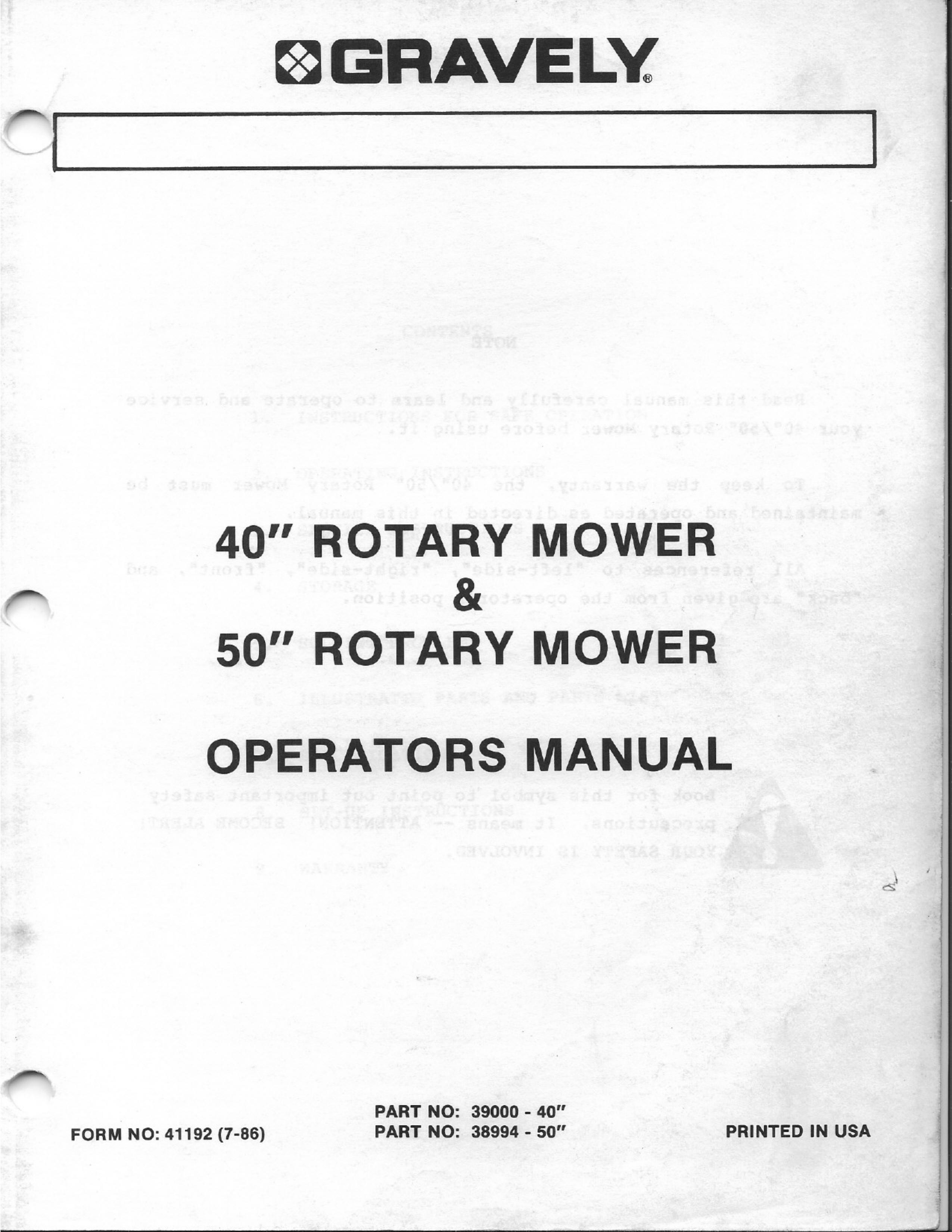 Gravely 39000 Lawn Mower User Manual