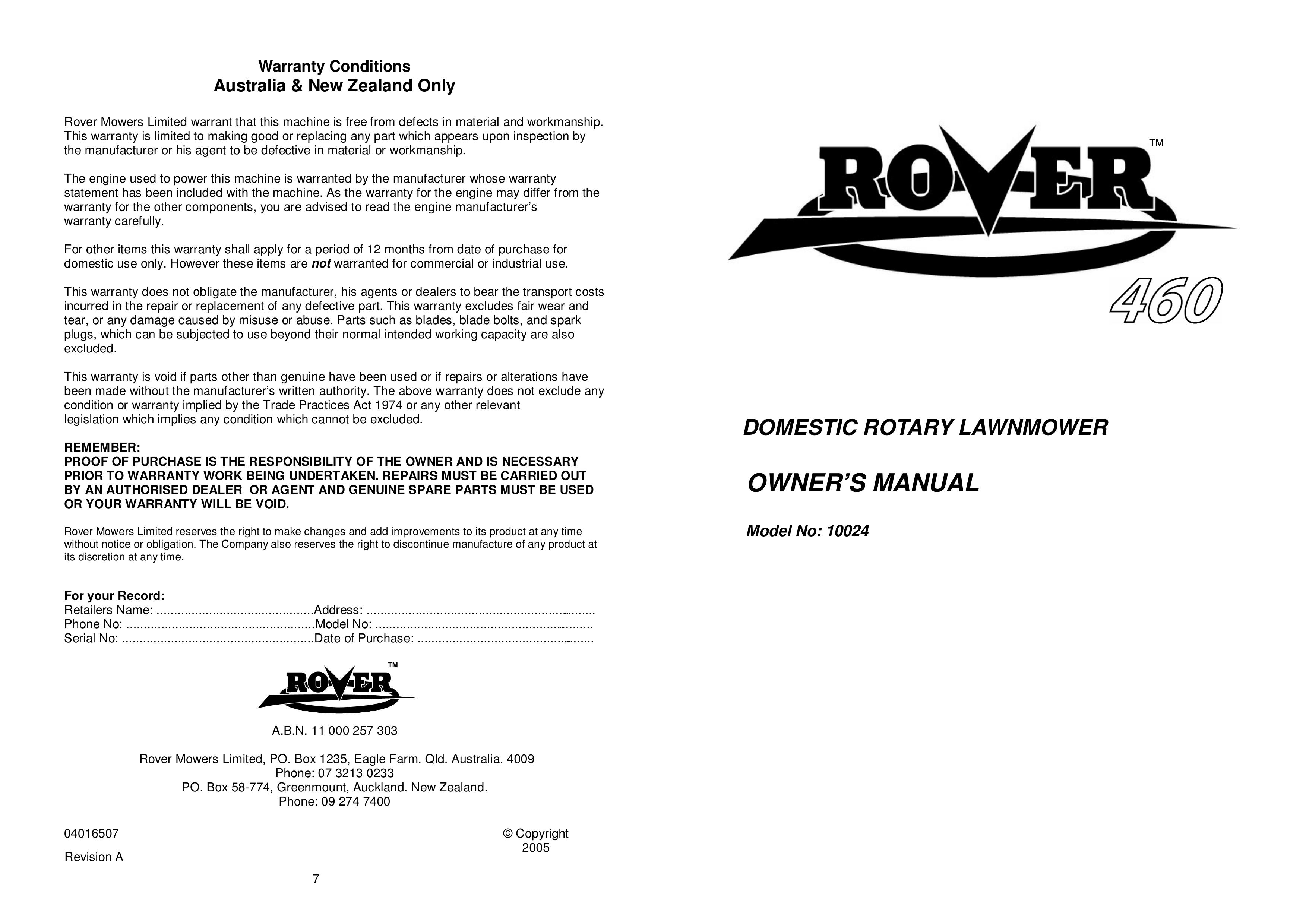 Rover 10024 Lawn Mower User Manual