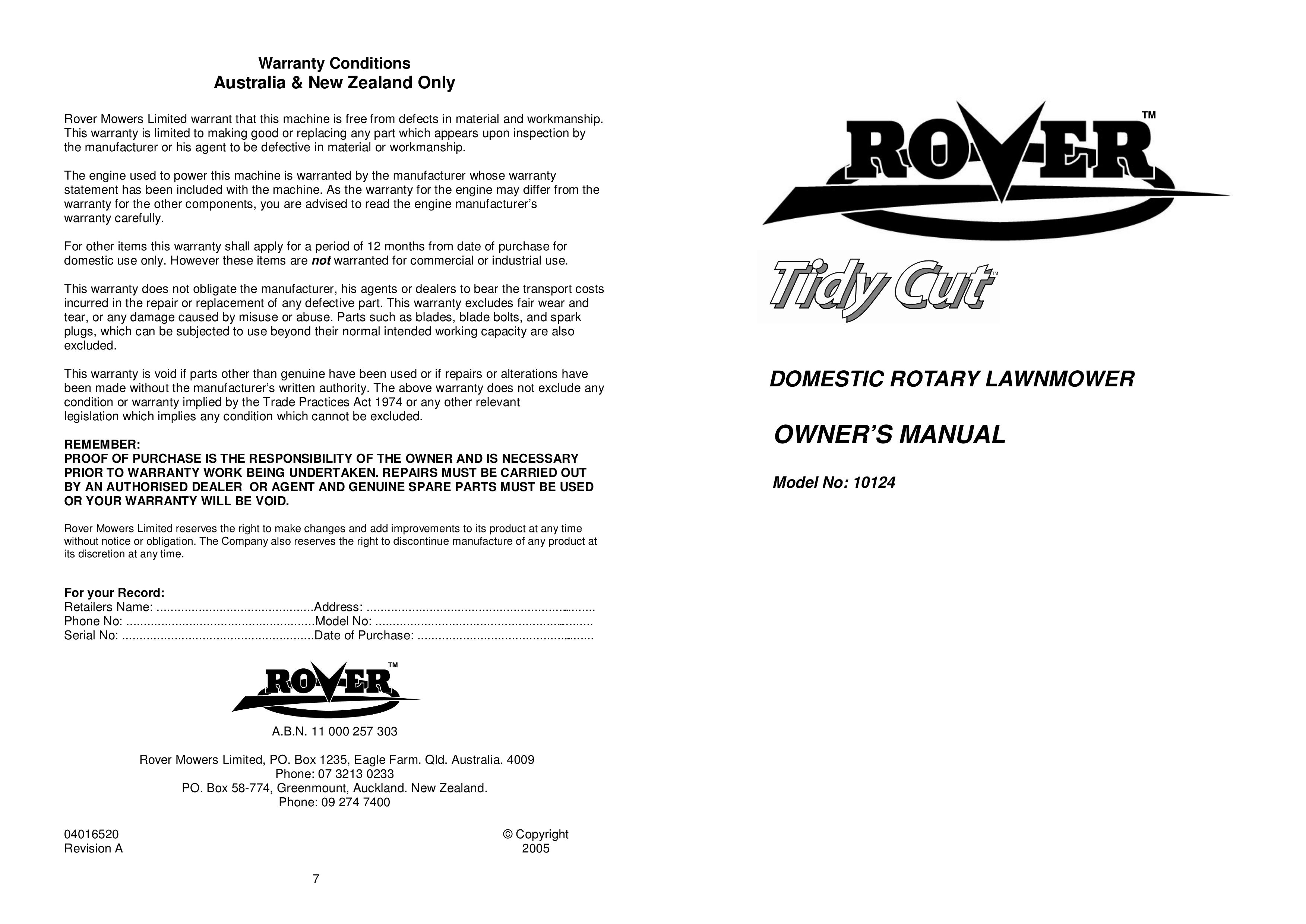 Rover 10124 Lawn Mower User Manual