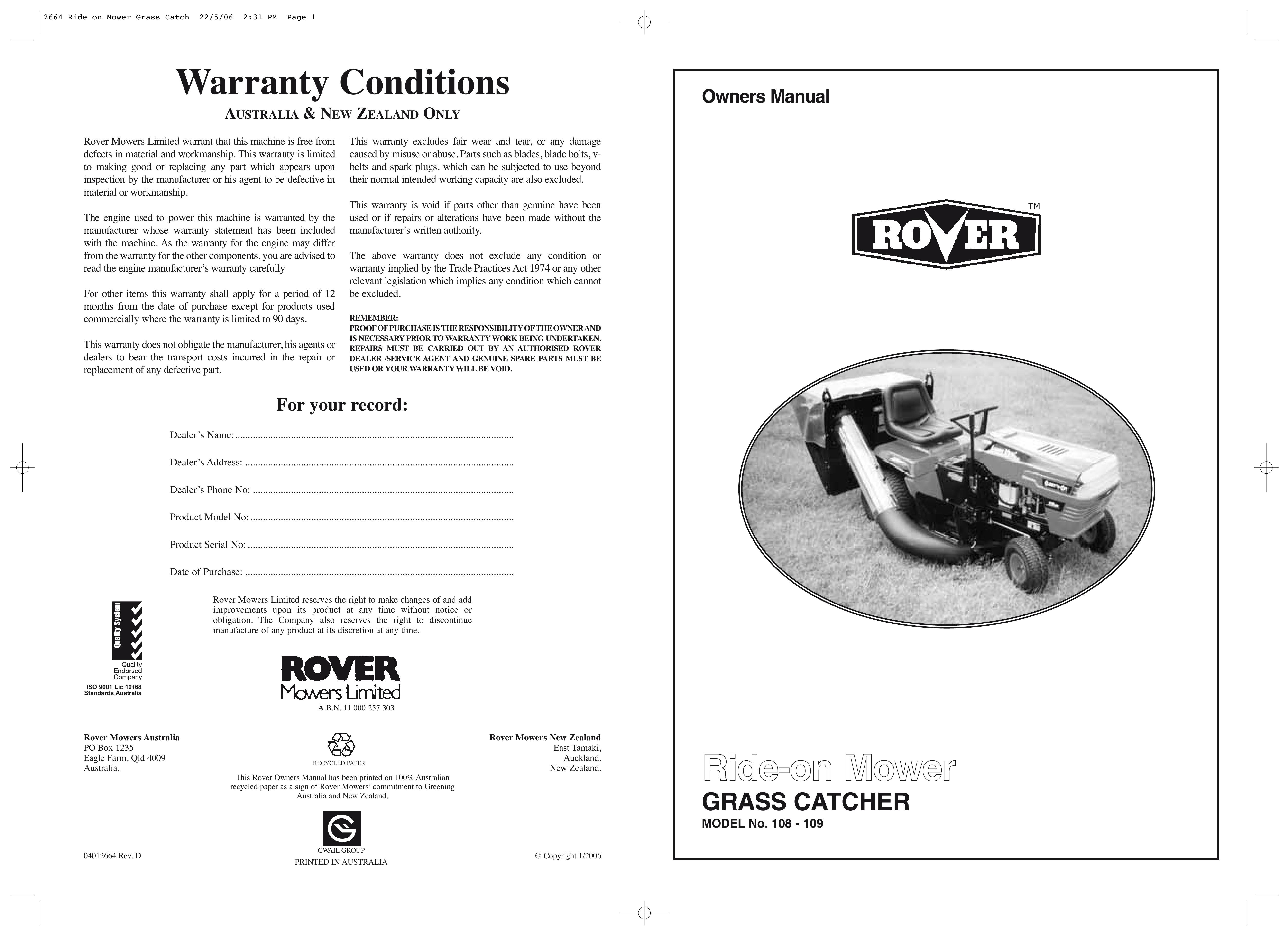 Rover 108, 109 Lawn Mower User Manual