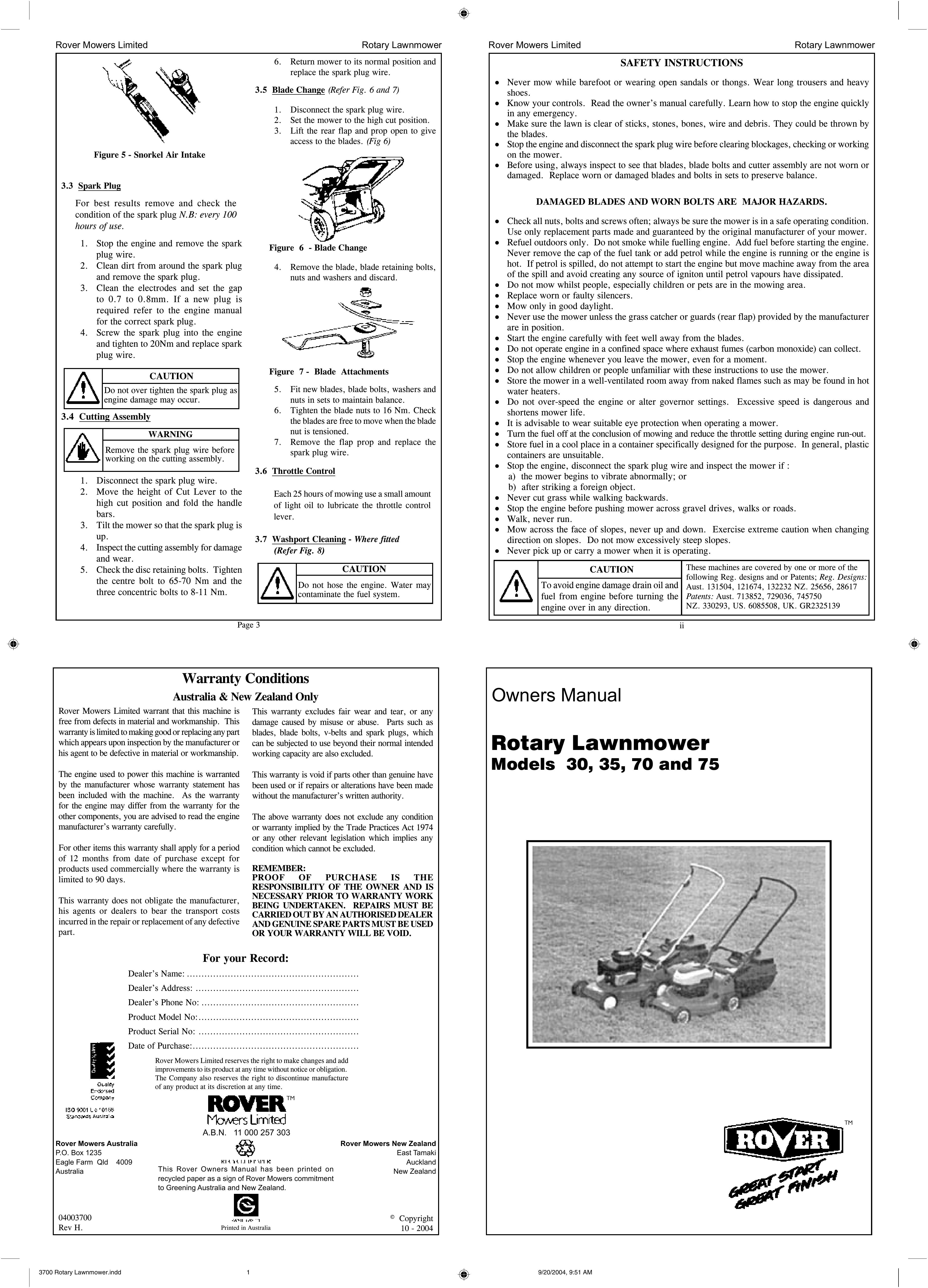 Rover 30, 35, 70, 75 Lawn Mower User Manual