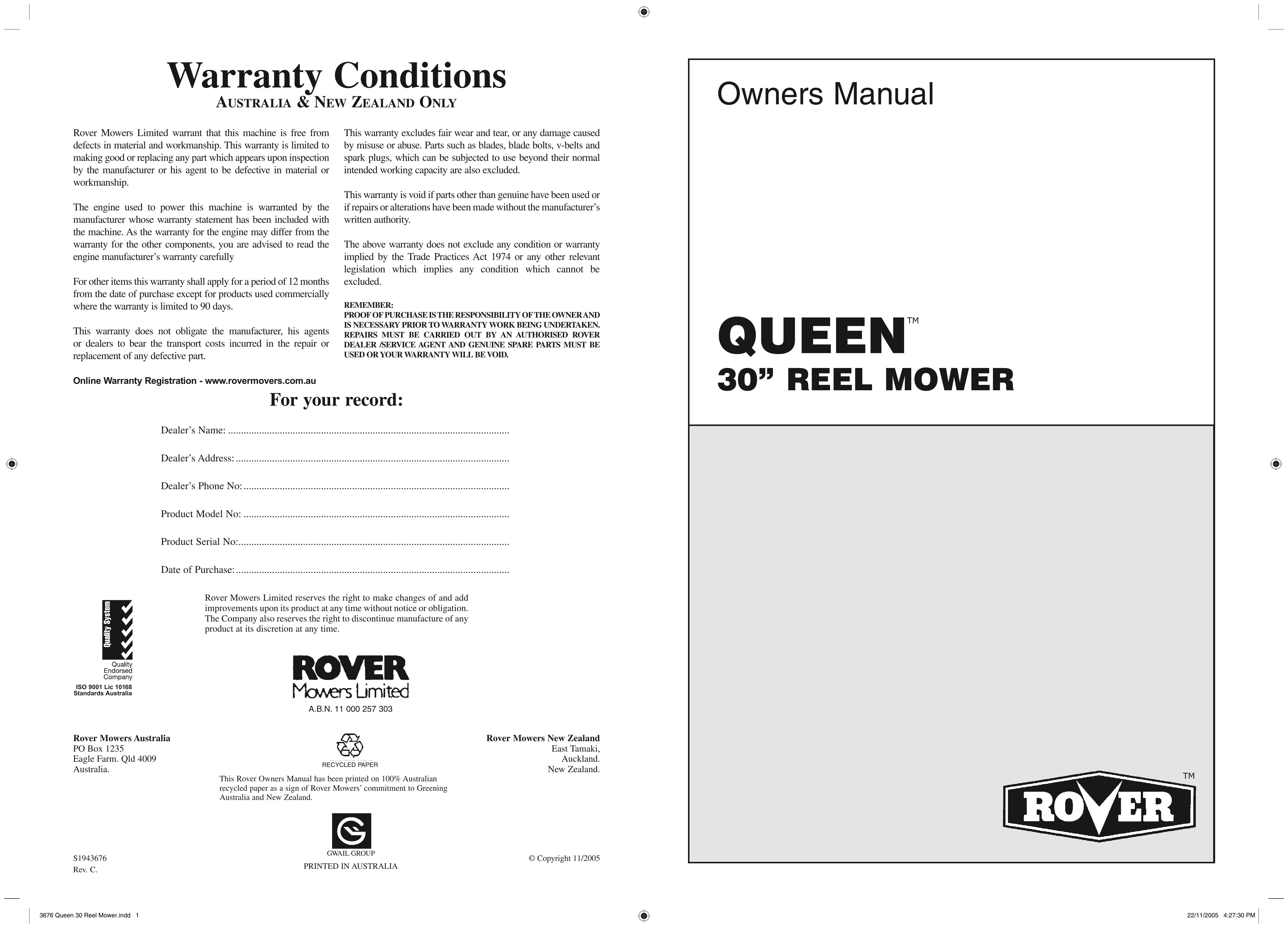 Rover 300361 Lawn Mower User Manual