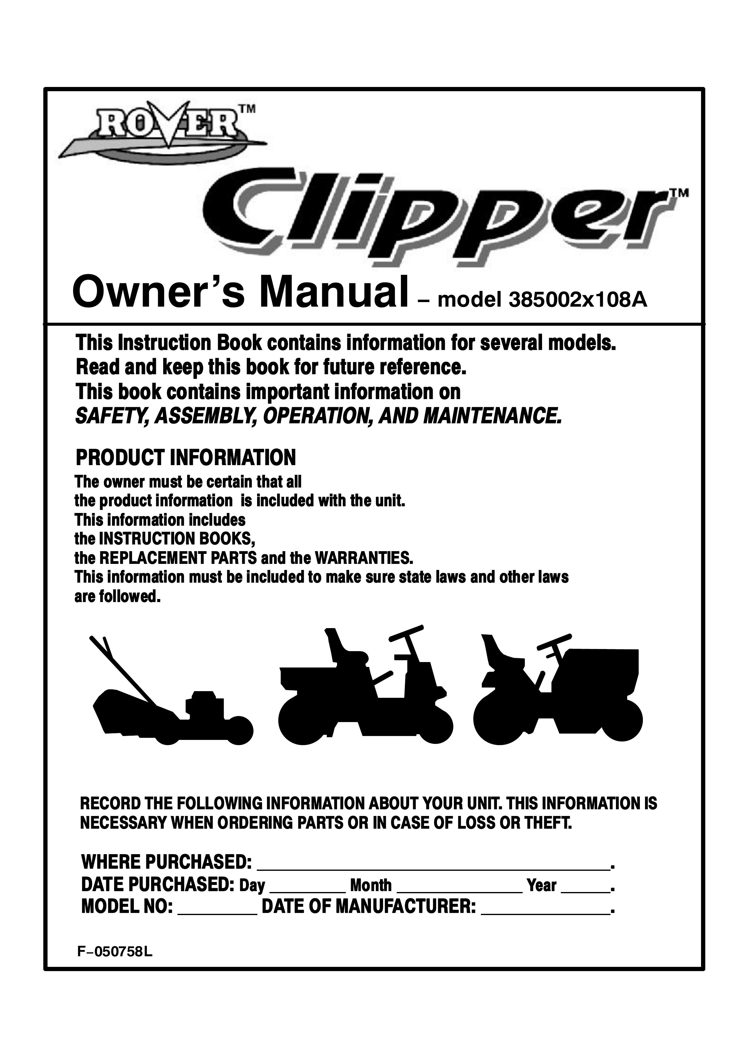 Rover 385002X108A Lawn Mower User Manual