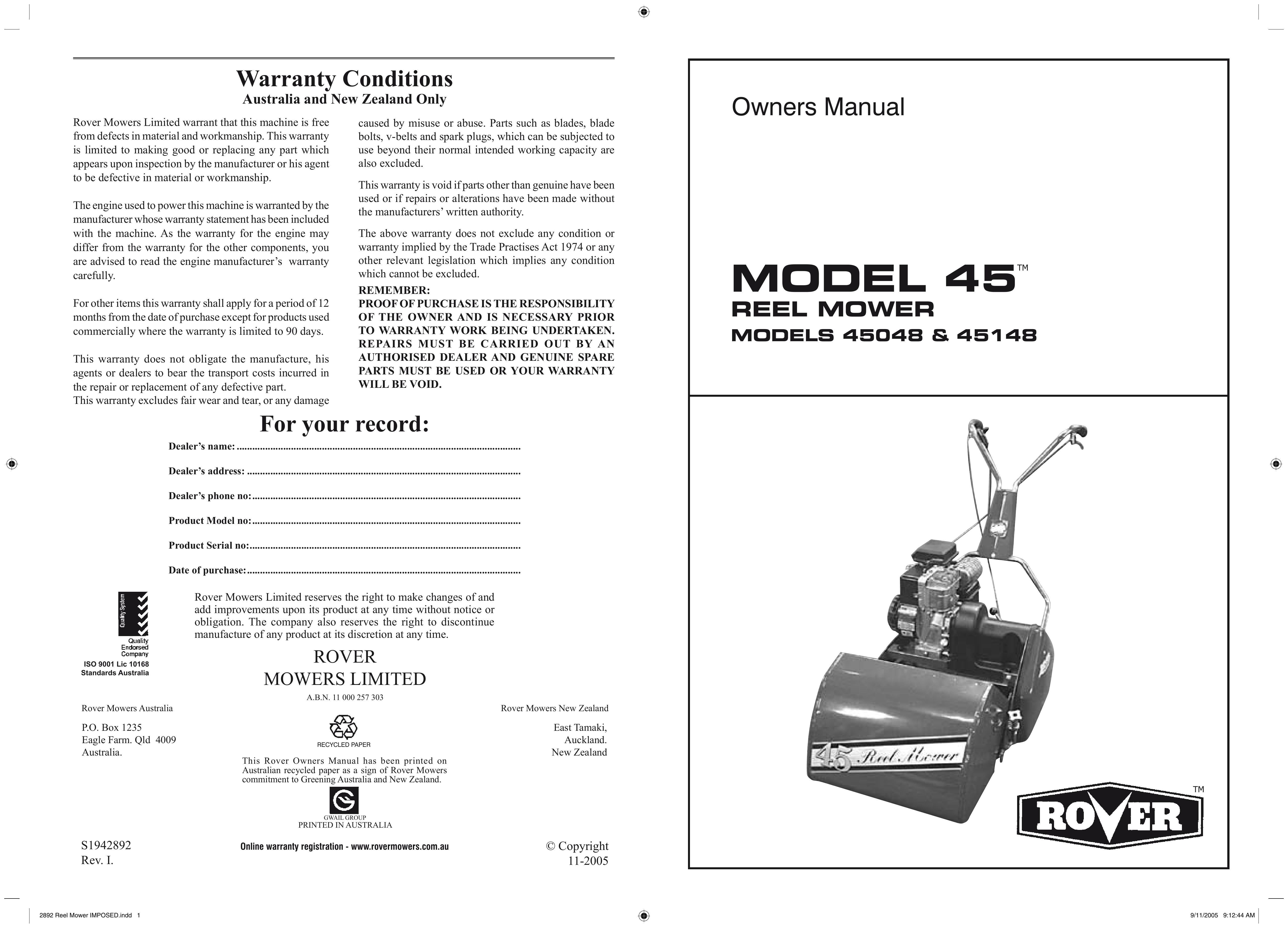 Rover 45048, 45148 Lawn Mower User Manual