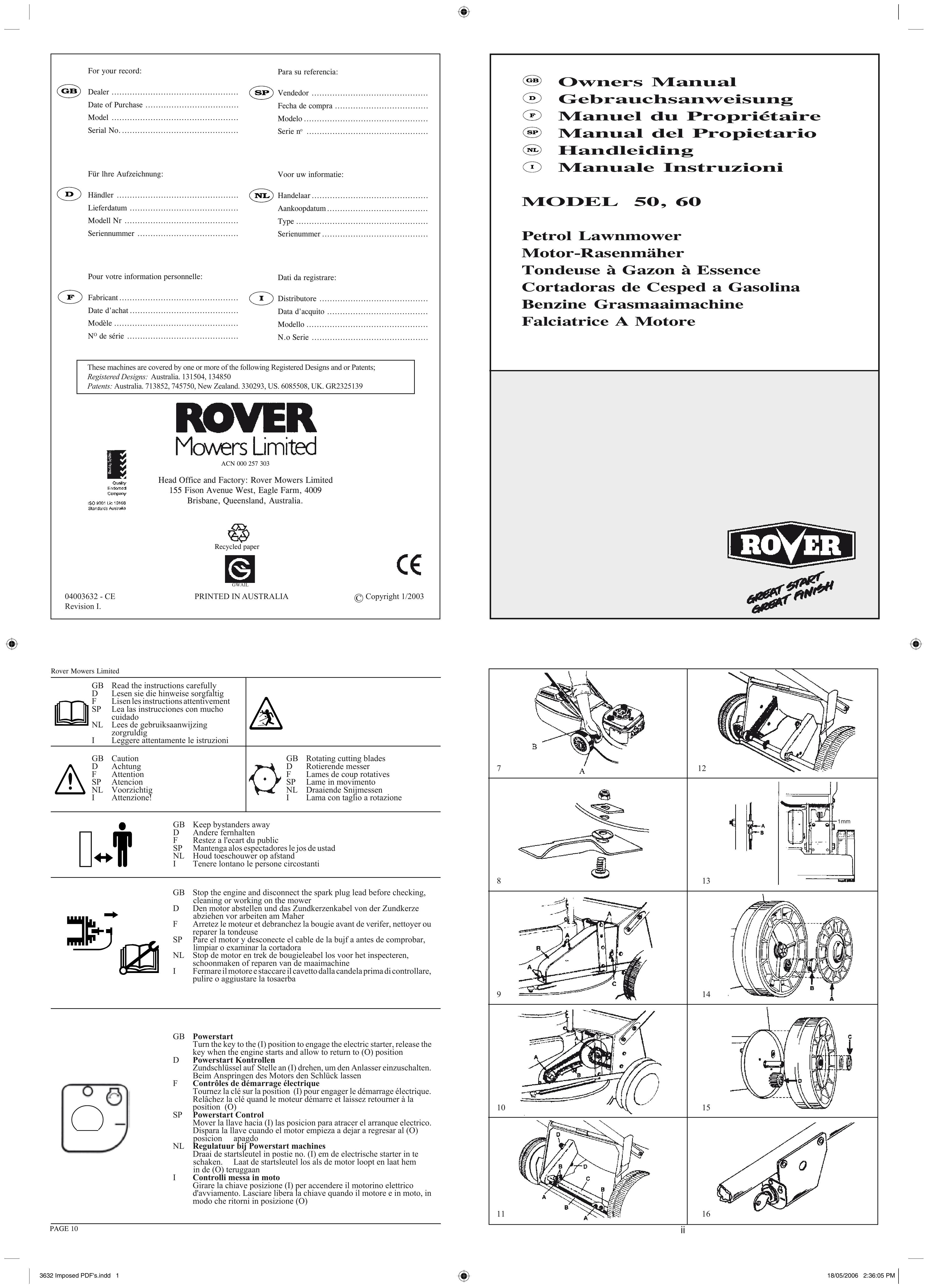 Rover 50, 60 Lawn Mower User Manual